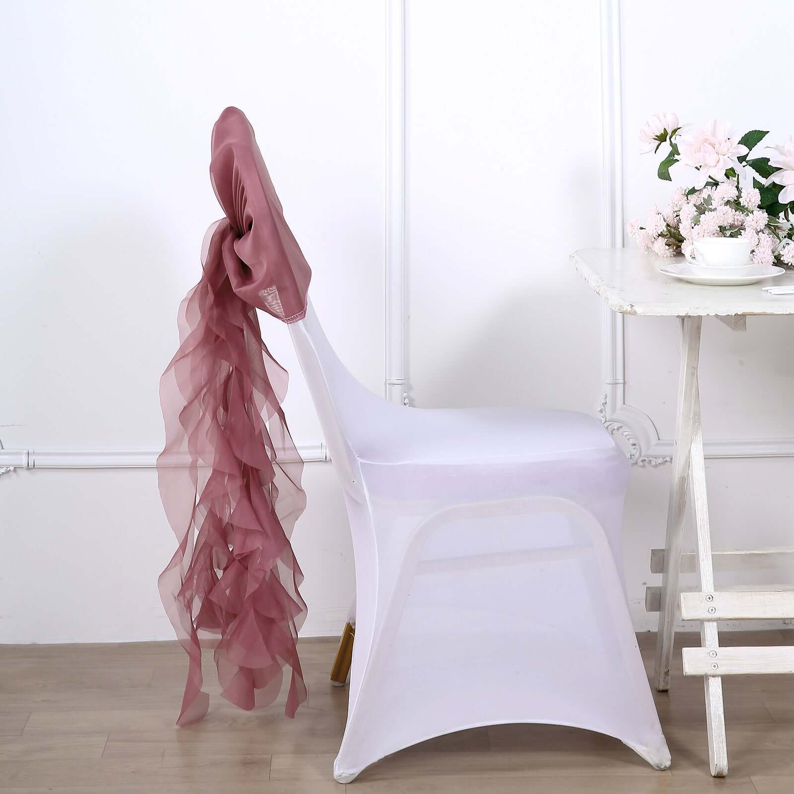 1 Set Chiffon Hoods Chair Sashes with Willow Ruffles Design Mauve Cinnamon Rose - Stylish Chair Bow Decor