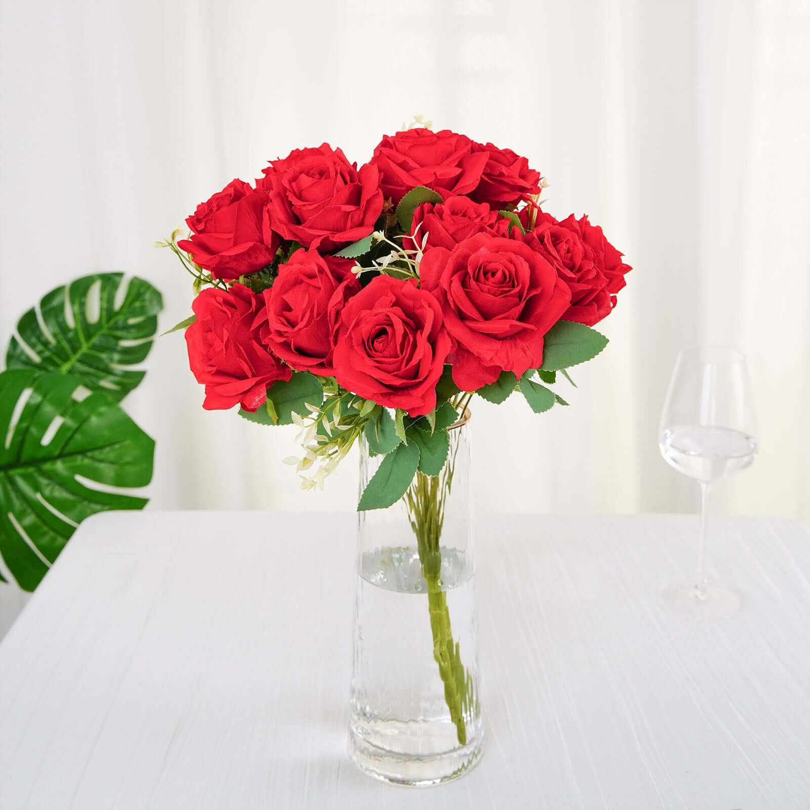 2 Bushes 18 Real Touch Red Artificial Rose Flower Bouquet, Silk Long Stem Flower Arrangements