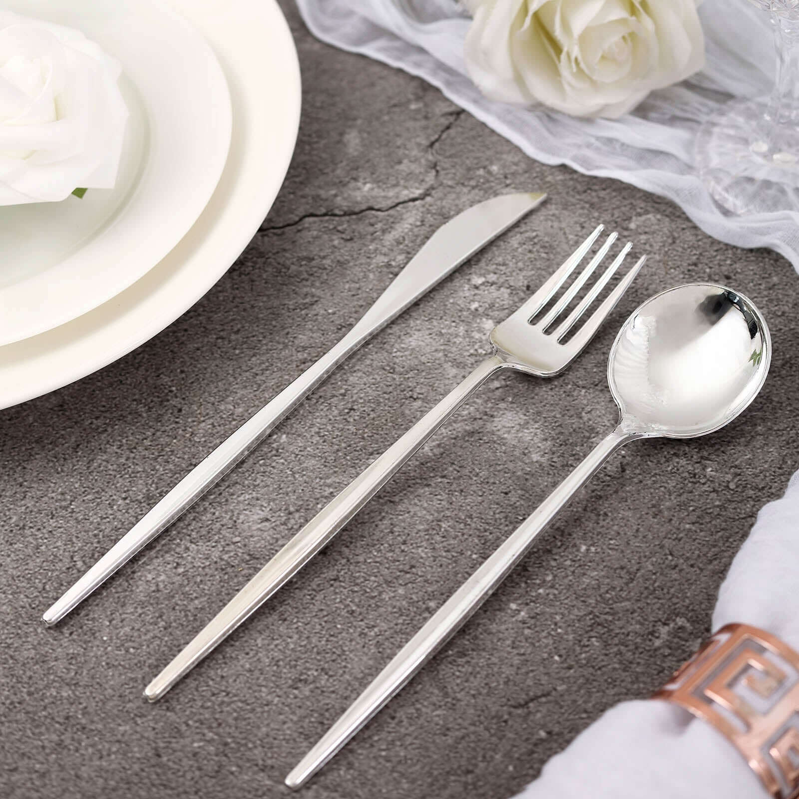 24-Pack Plastic Flatware Set with Sleek Modern Design Silver - Premium Disposable Silverware 8