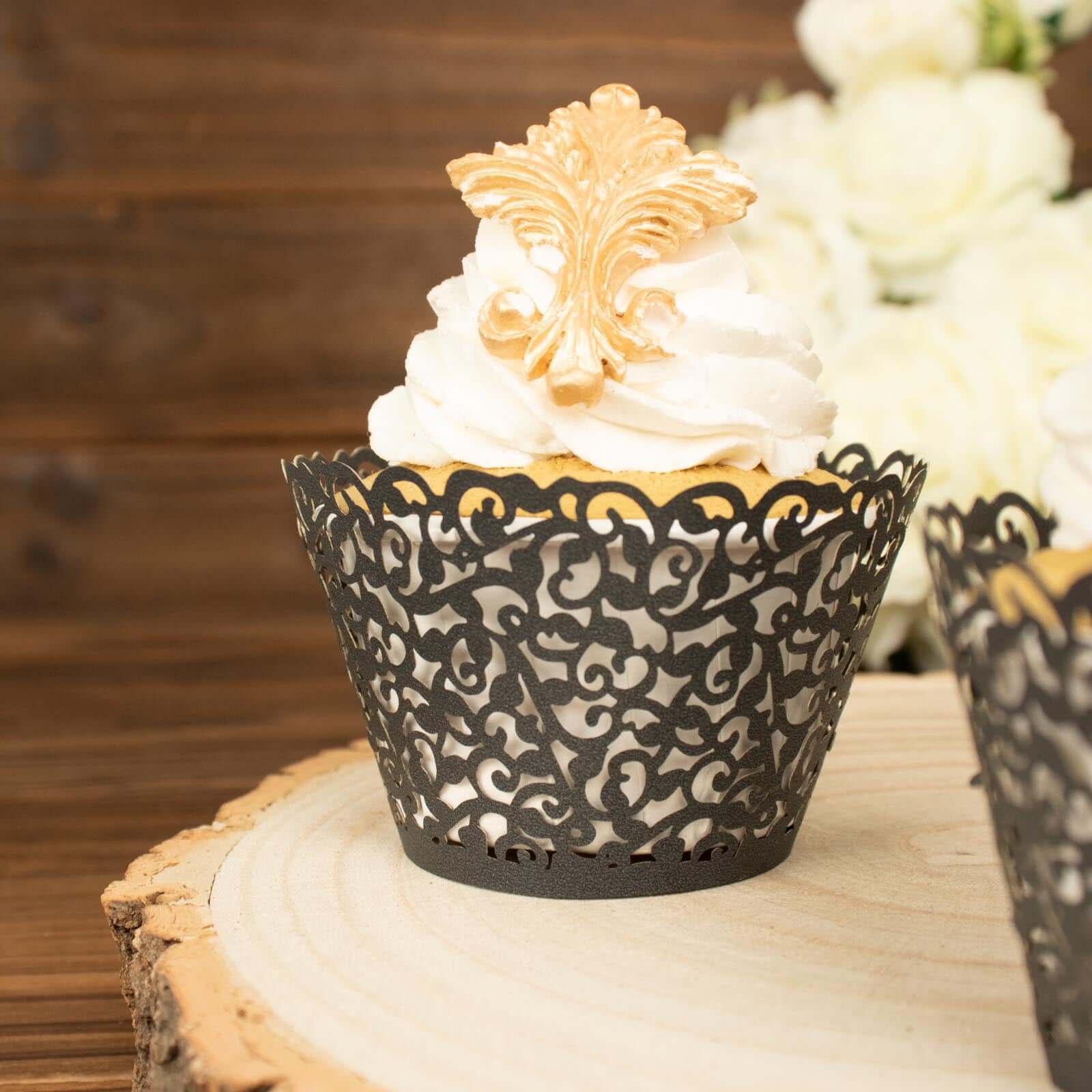 25-Pack Paper Cupcake Wrappers Lace Laser Cut Design Black - Muffin Baking Cup Trays for Events