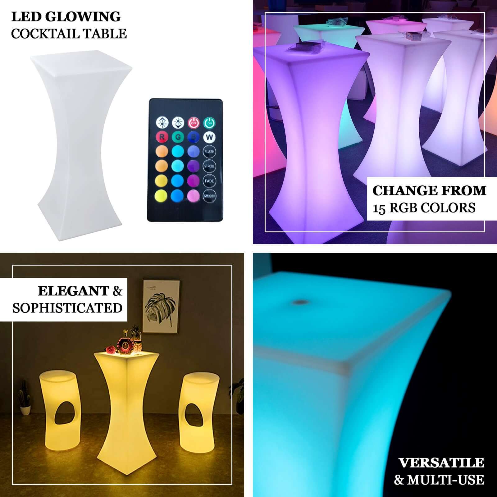 18x43 Color Changing Cordless LED Light Up Cocktail Table, Rechargeable Waterproof Illuminated Furniture