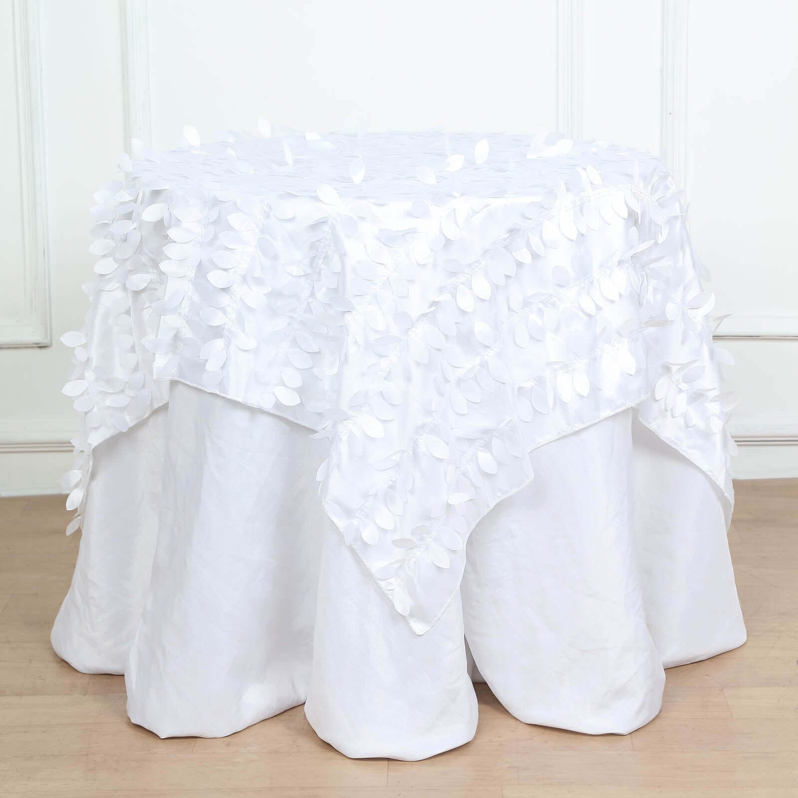 Taffeta 54x54 Table Overlay Square Tablecloth White | Exquisite 3D Leaf Petal Design for Chic Wedding & Event Decor