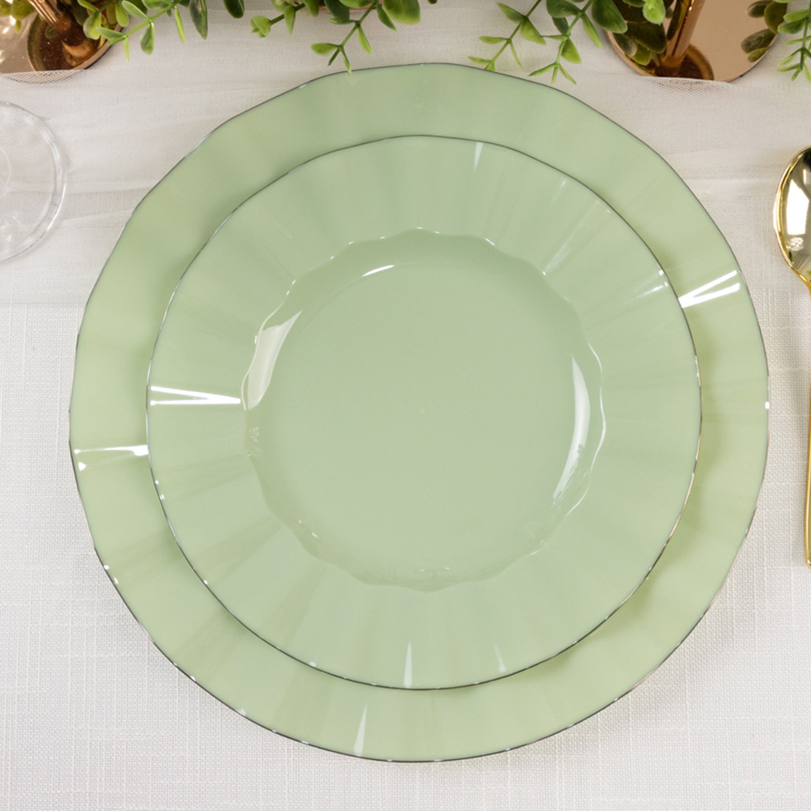 10-Pack Plastic 9 Round Dinner Plates in Sage Green Ruffled Rim with Gold Edging - Sturdy Disposable Dinnerware