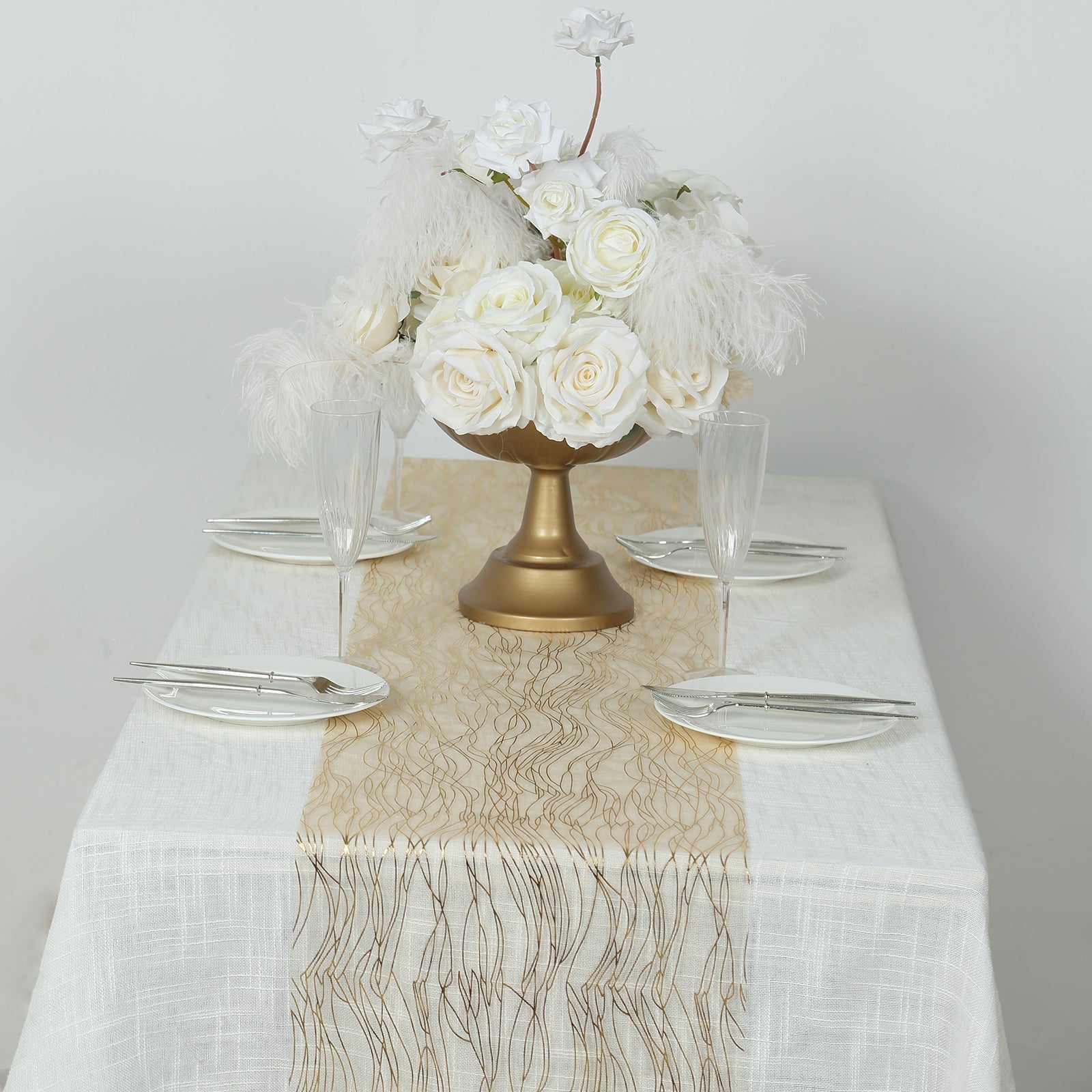 5 Pack Organza 12x108 Table Runners Gold - Gold Wave Design