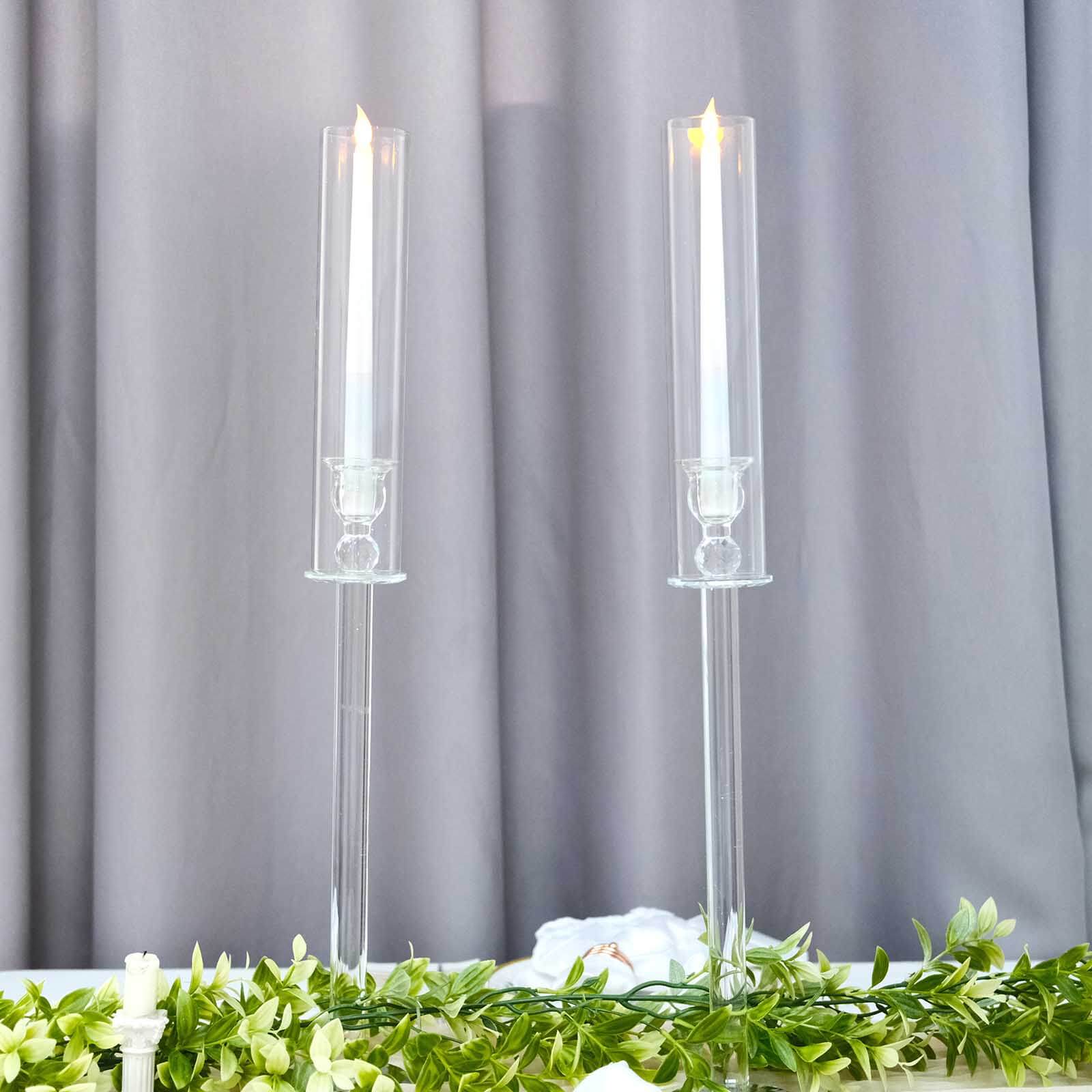 2-Pack Crystal Glass Hurricane Taper Candle Holders, Tall Decorative Candle Stands Clear Cylinder Chimney Tubes 26