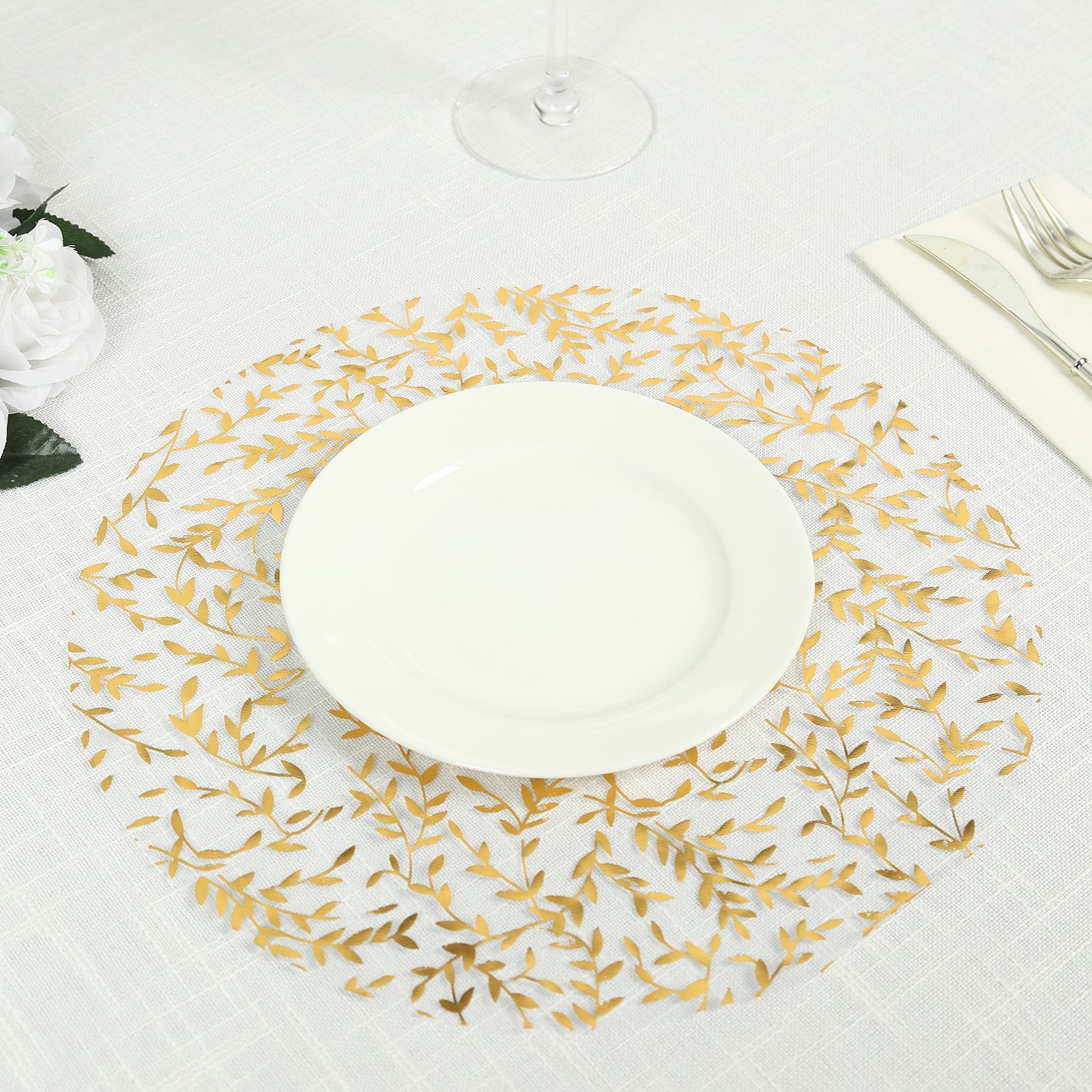 10-Pack Table Placemats Gold Foil Leaf Vine Design White Round - Organza Disposable Floral Mats 13