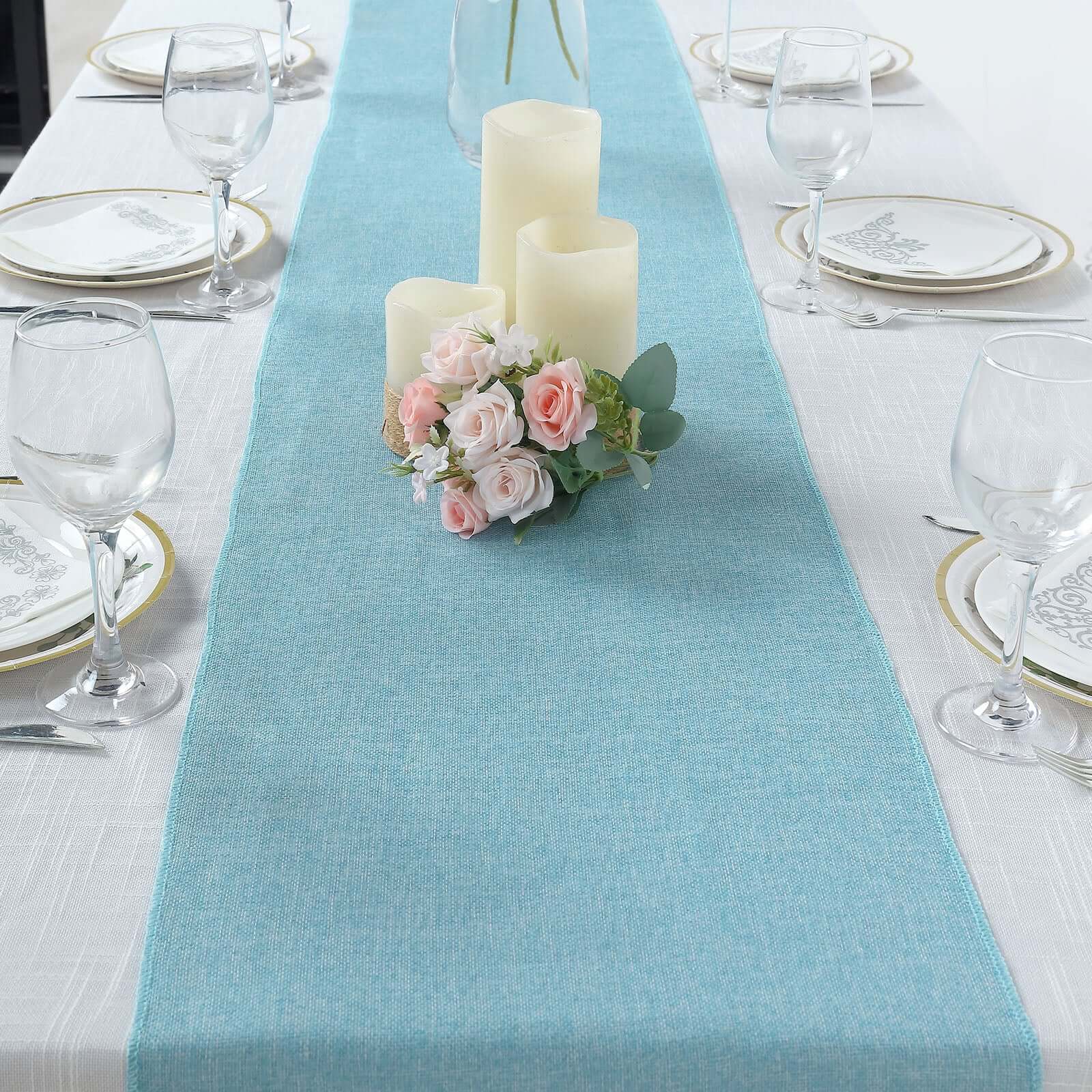 14x108 Turquoise Boho Chic Rustic Faux Burlap Cloth Table Runner