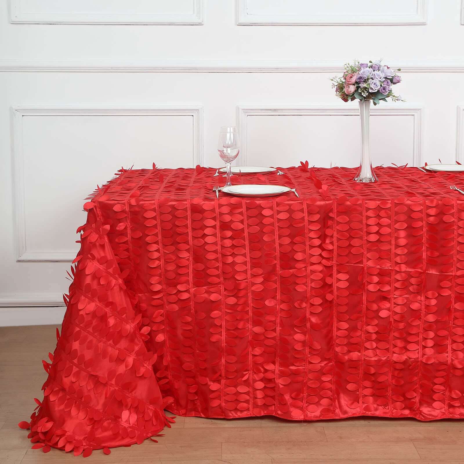 Taffeta 90x156 Rectangle Tablecloth Red | 3D Leaf Petal Design Seamless Table Cover