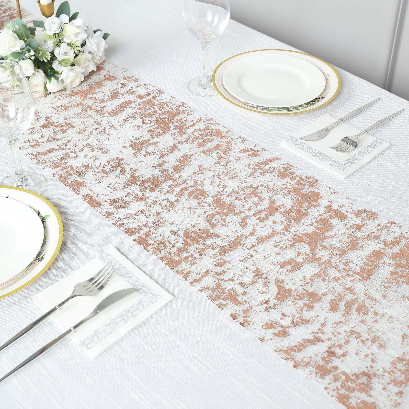 Mesh Polyester 108 Table Runner Roll Metallic Rose Gold - Distressed Foil Look Disposable Table Decor