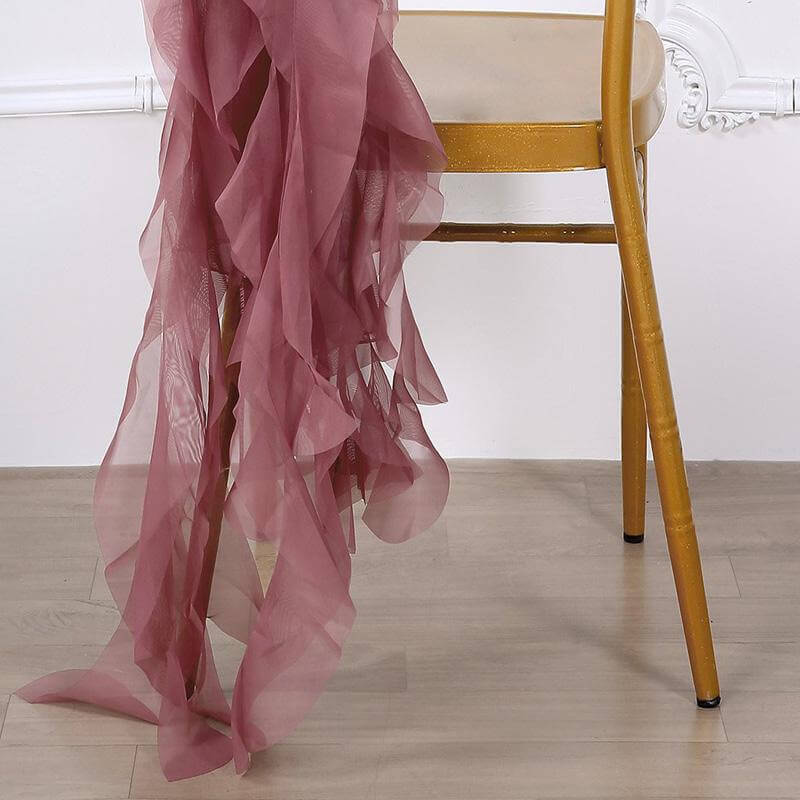 1 Set Chiffon Hoods Chair Sashes with Willow Ruffles Design Mauve Cinnamon Rose - Stylish Chair Bow Decor