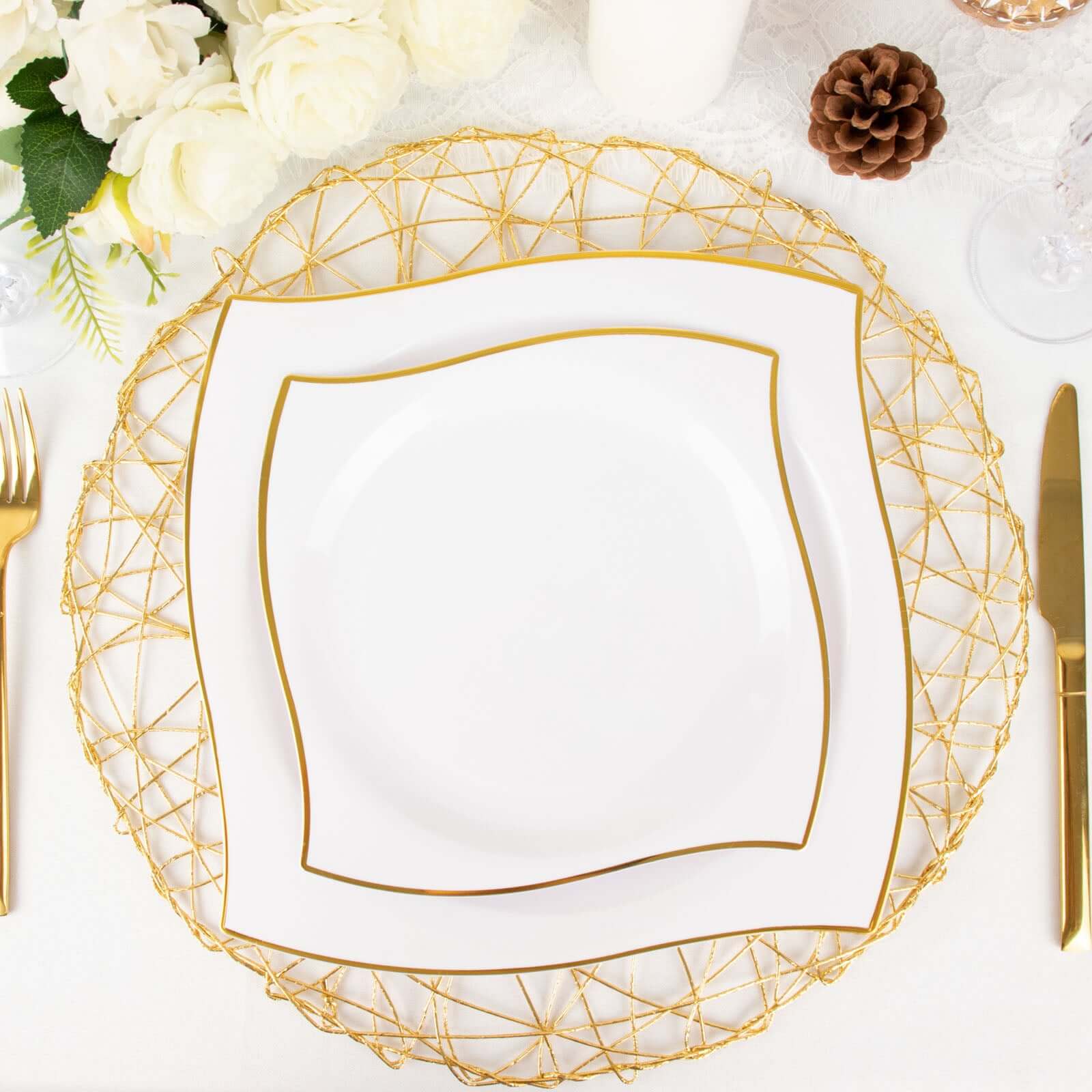 10-Pack Plastic 10 Square Dinner Plates in White with Gold Wavy Rim Modern - Disposable Party Plates for Luxe Events & Banquets