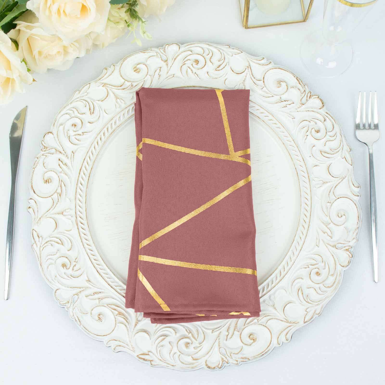 7 Pack Polyester 20x20 Napkins Cinnamon Rose with Gold Geometric Foil Pattern - Modern Reusable Dinner Napkins