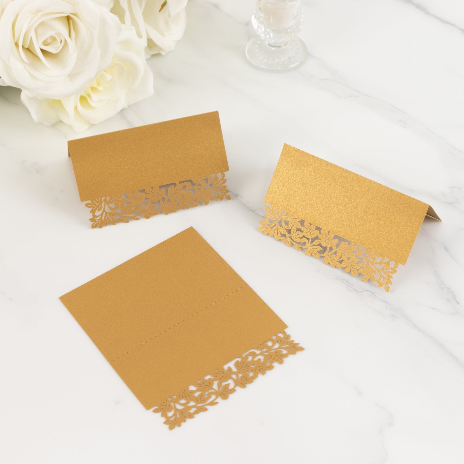 50-Pack Wedding Place Cards with Laser Cut Hollow Heart Design Gold - Printable Reservation Seating Tent Cards 210 GSM