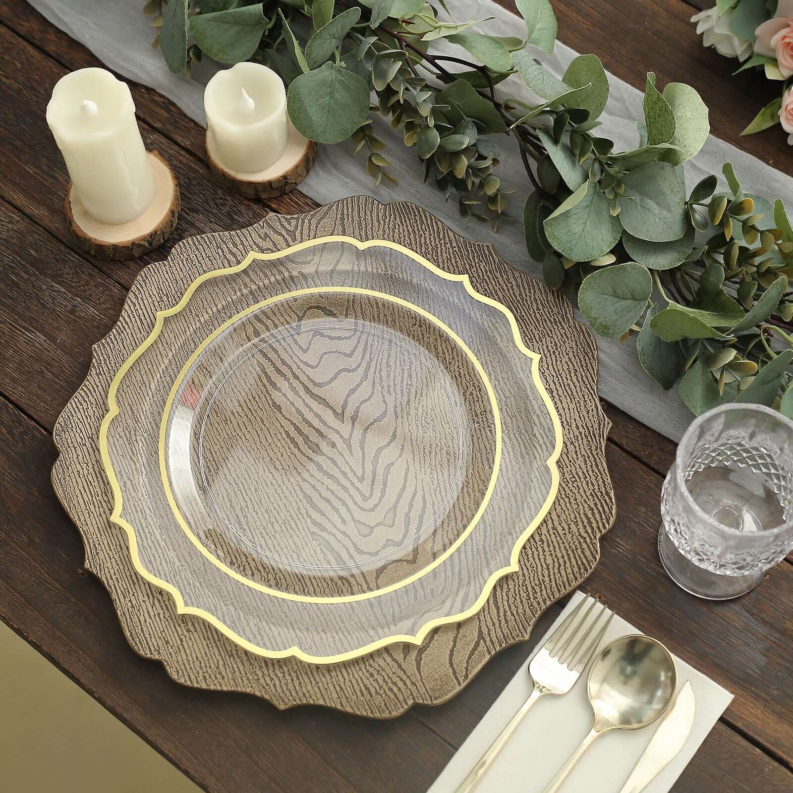 6-Pack Acrylic Round Charger Plates 13 in Rustic Natural with Wood Grain Scalloped Rim, Decorative Dinner Party Charger Tableware
