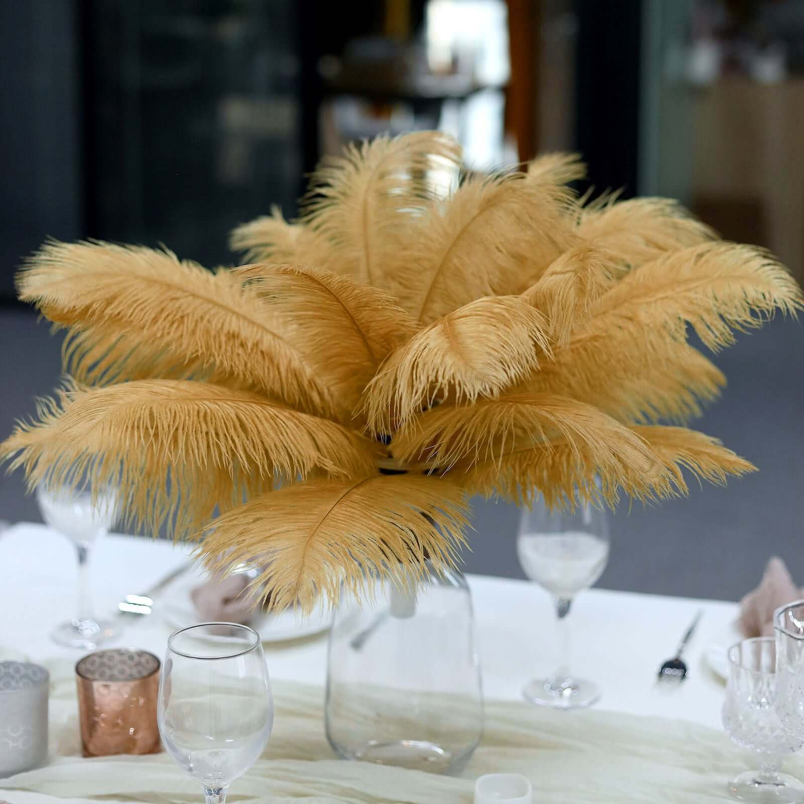 12 Pack 13-15 Gold Natural Plume Real Ostrich Feathers, DIY Centerpiece Fillers