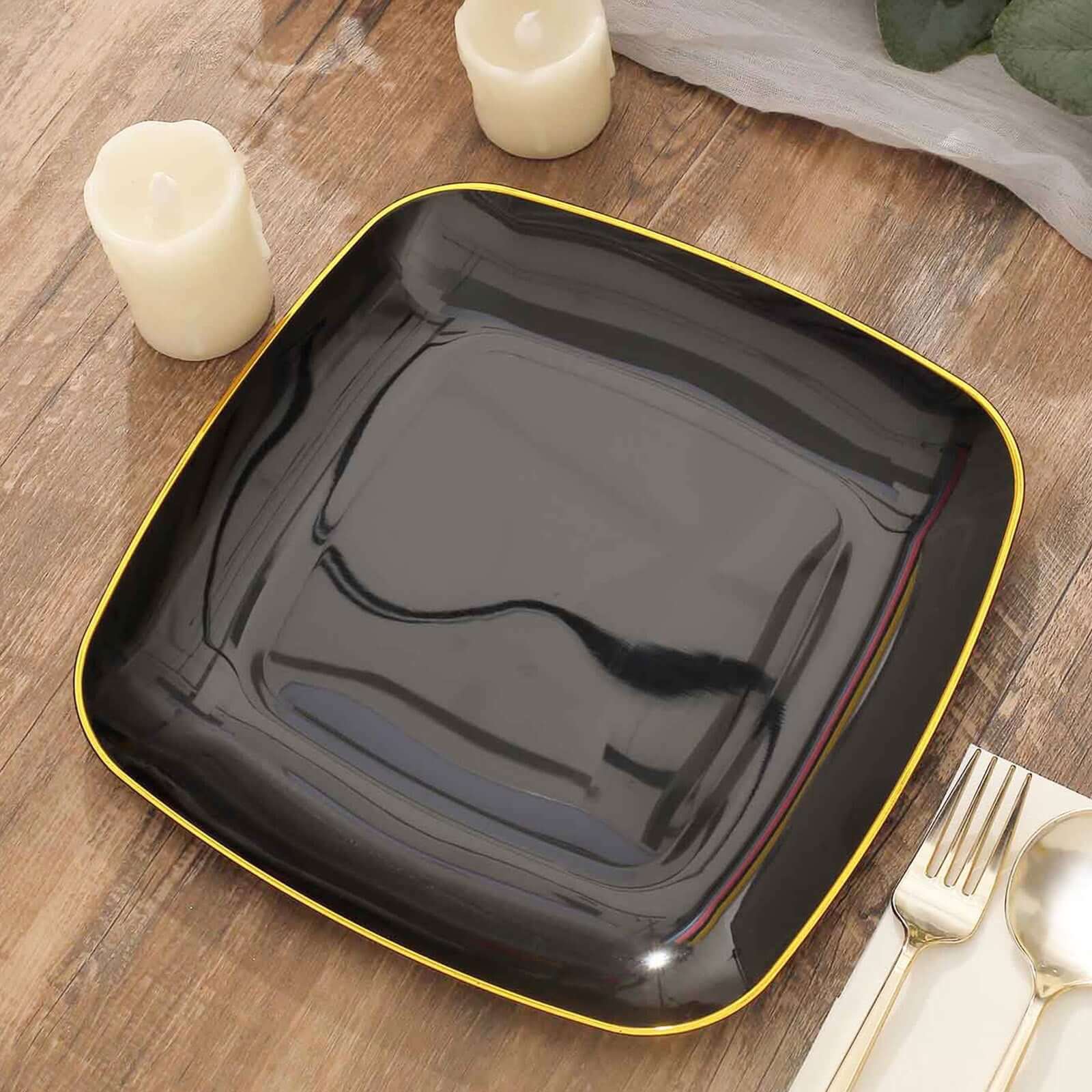 10-Pack Plastic 10 Square Dinner Plates in Black with Gold Rim - Classy Disposable Lunch Party Plates