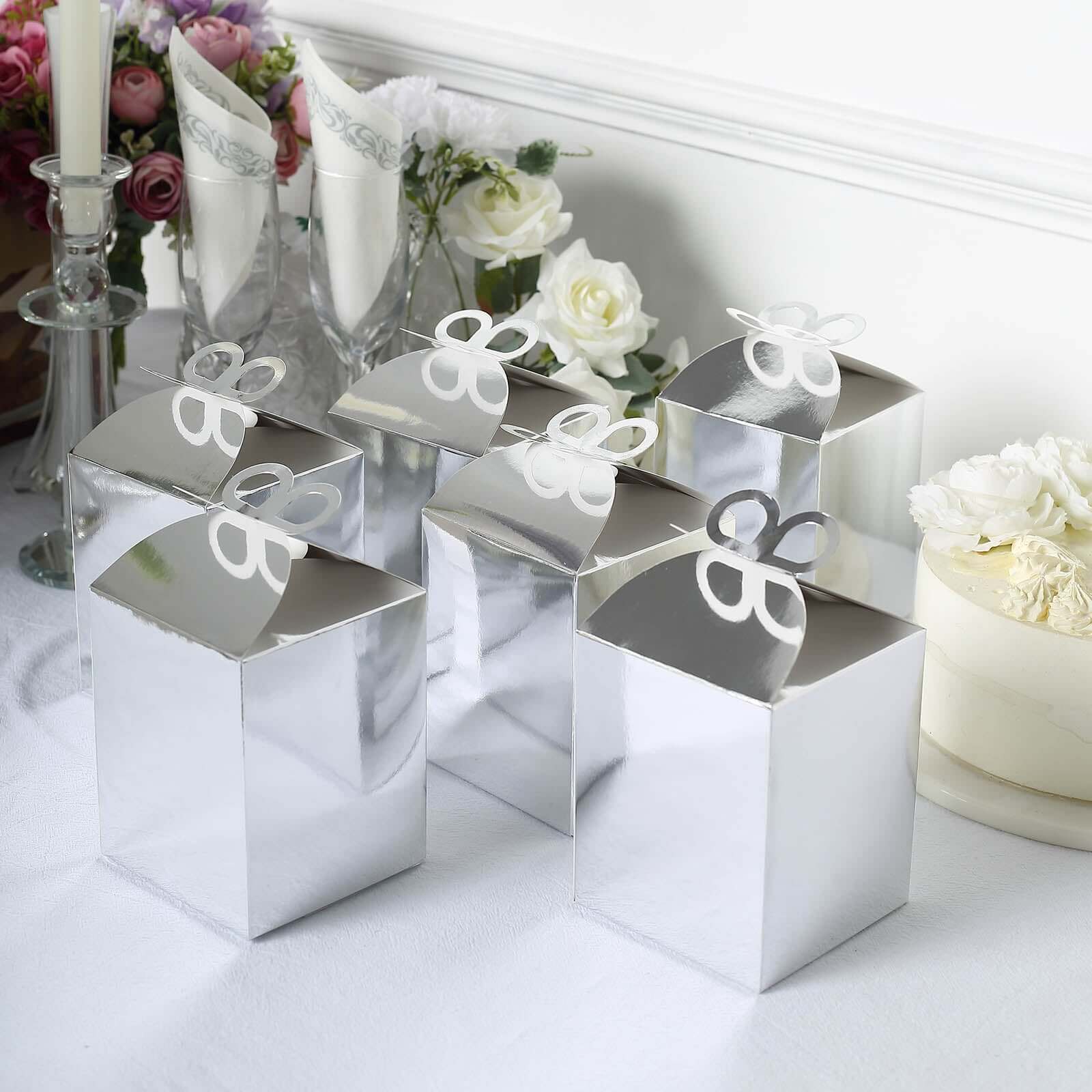 25 Pack Metallic Silver Butterfly Top Premium Party Favor Boxes, Cardstock Candy Gift Boxes - 250 GSM