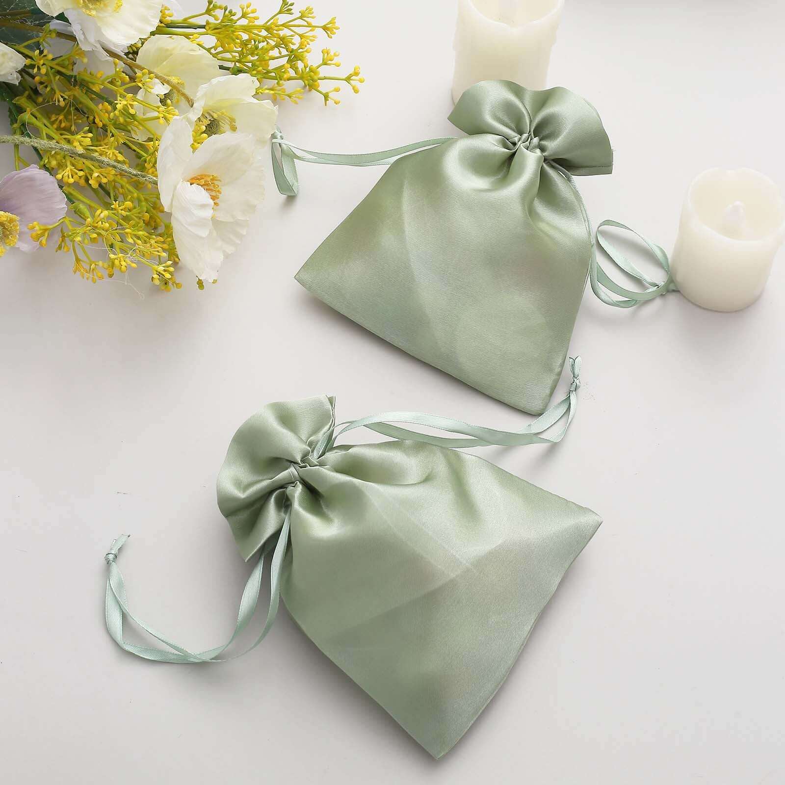 12 Pack 5x7 Sage Green Satin Drawstring Wedding Party Favor Gift Bags, Drawstring Pouch Gift Bags