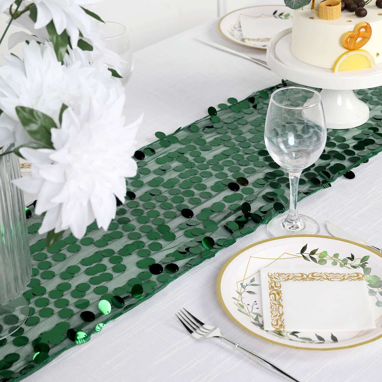 Big Payette Sequin 13x108 Table Runner Hunter Emerald Green - Dazzling Design