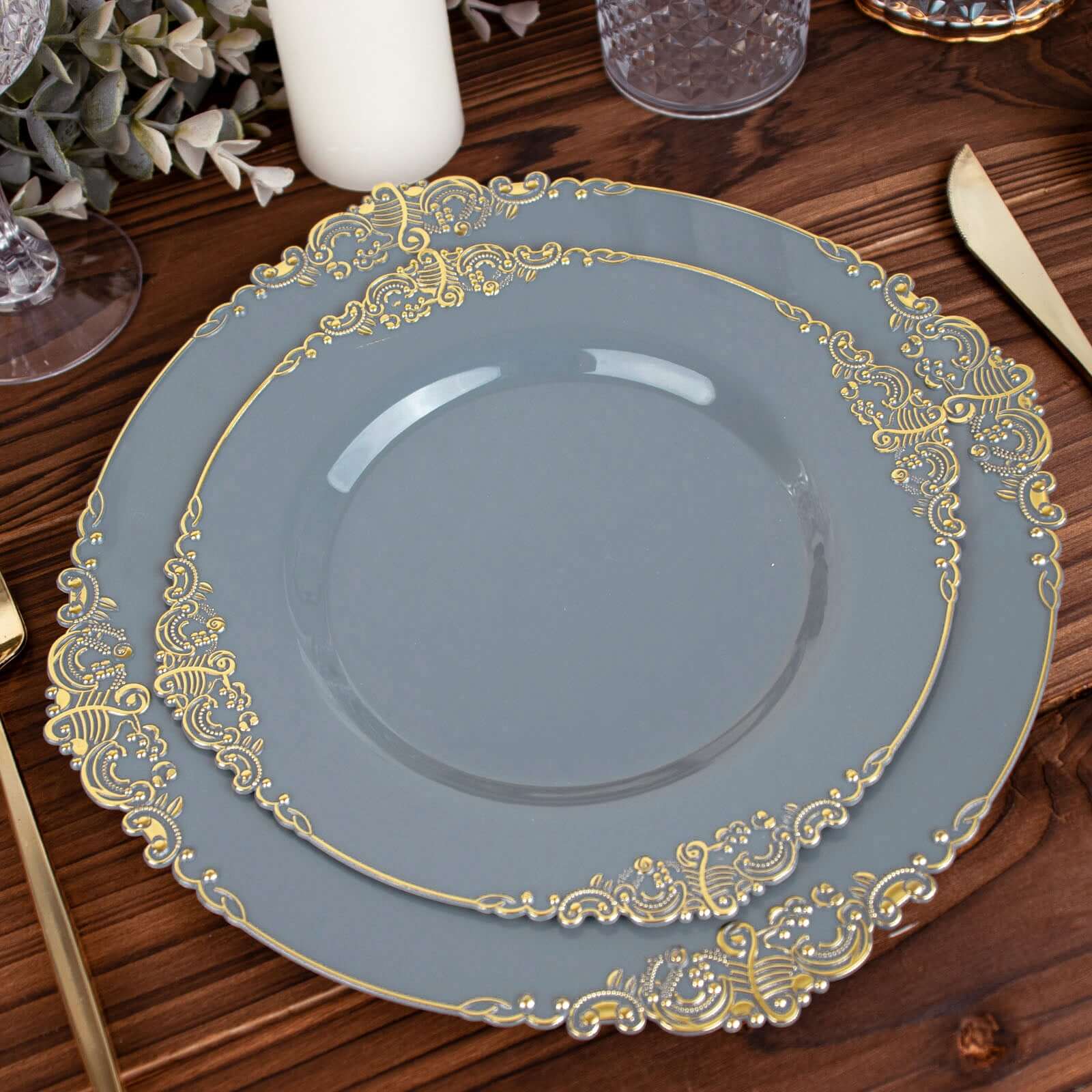 10-Pack Plastic 8 Round Dessert Plates in Dusty Blue with Gold Leaf Embossed Rim - Disposable Vintage Baroque Style Salad Plates