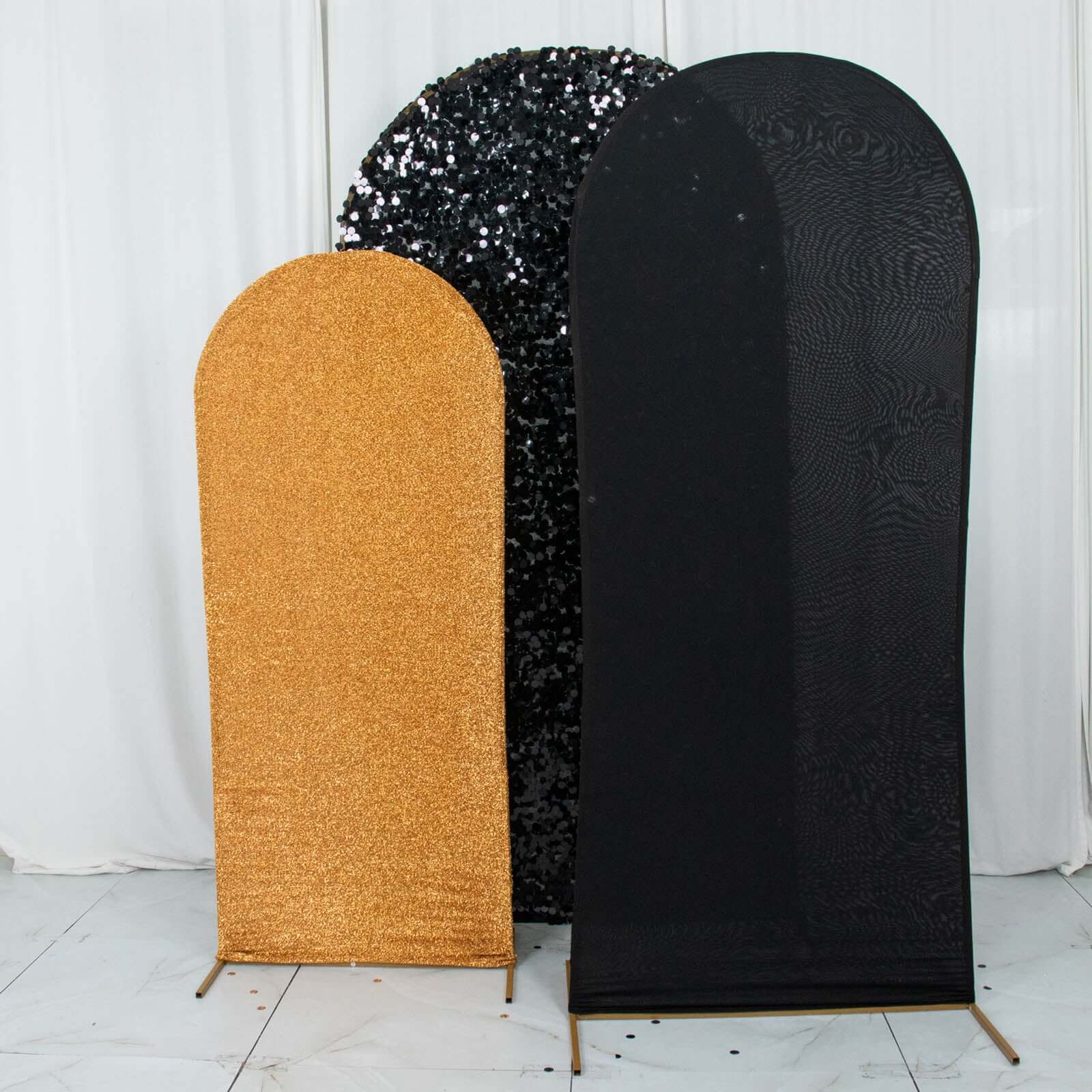 Set of 3 Black Gold Round Top Fitted Wedding Arch Frame Covers, Big Payette Sequin, Shimmer Tinsel and Matte Spandex Backdrop Stand Covers