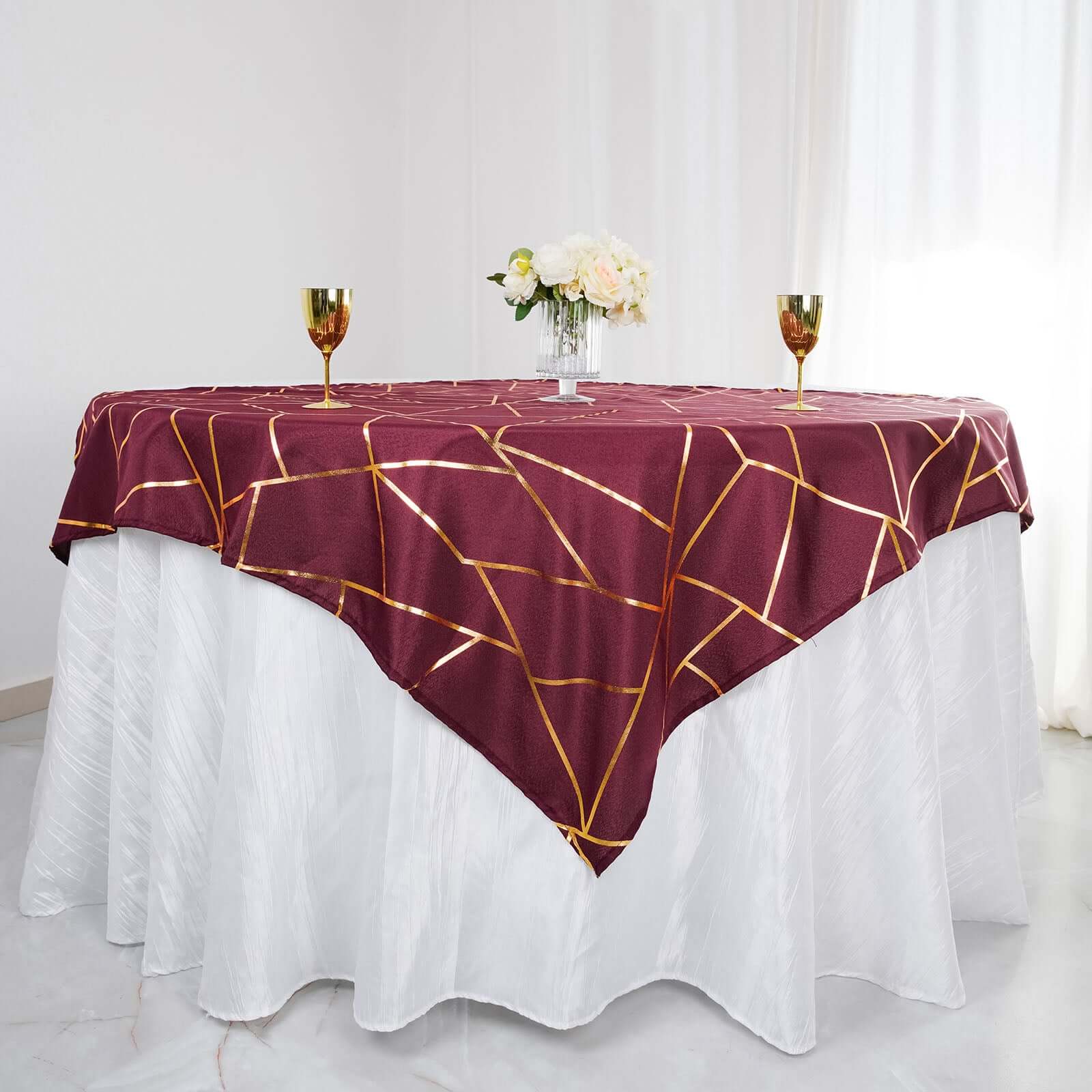 Polyester 54x54 Table Overlay Square Tablecloth Burgundy with Gold Foil Geometric Pattern - Wrinkle-Resistant & Durable Table Topper