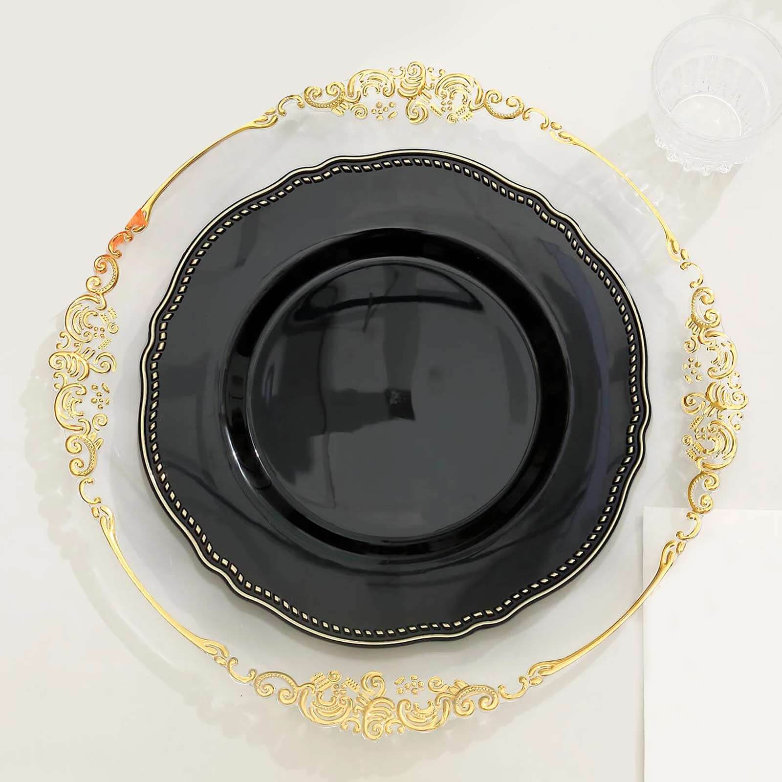 10-Pack Plastic 10 Dinner Plates in Black with Gold Scalloped Rim - Disposable Large Party Plates