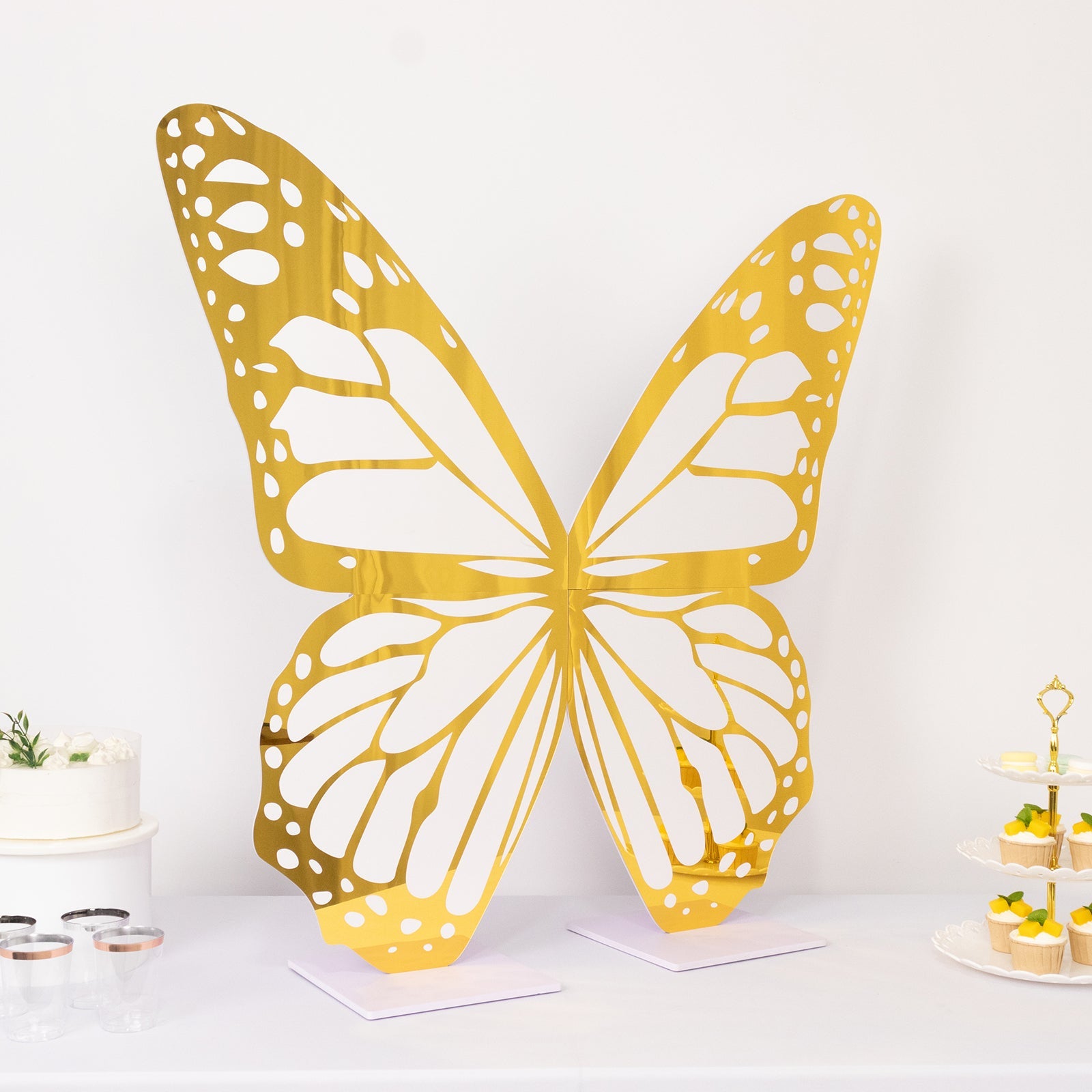 3ft Large Butterfly Party Props Decor, White and Gold Butterfly Foamboard Stand