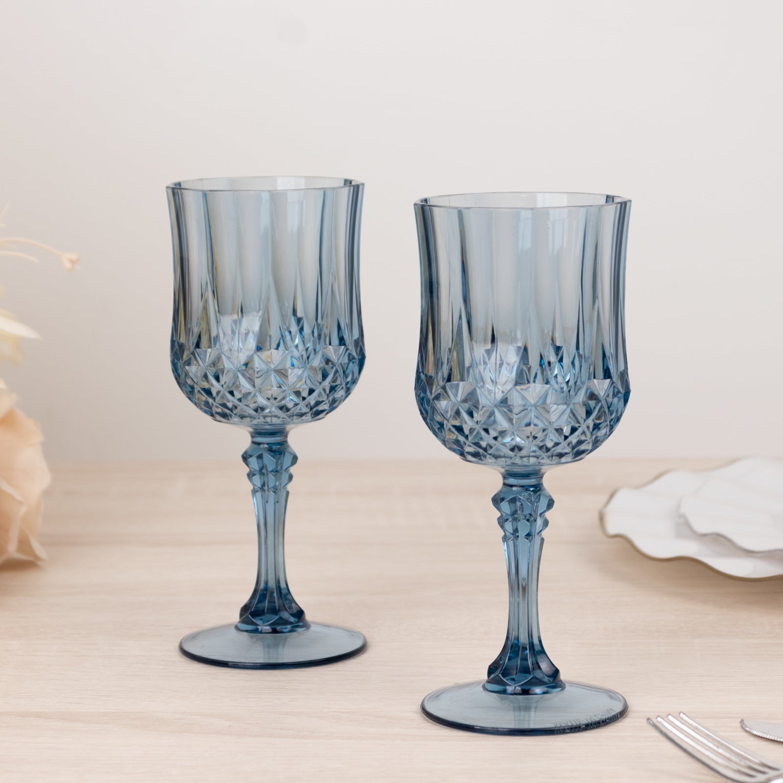 6-Pack Plastic Cocktail Goblets Dusty Blue Transparent Crystal Cut - Shatterproof Drinkware 8oz