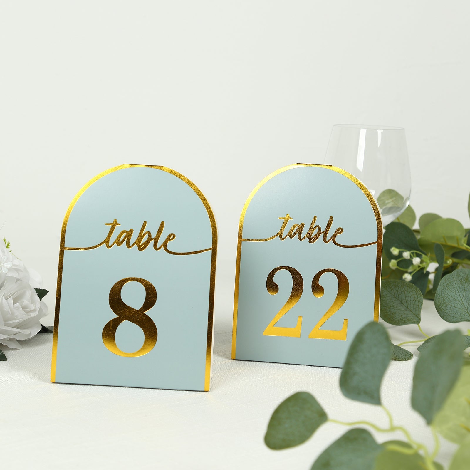 25-Pack Paper Wedding Table Numbers 1-25 Dusty Blue Arch Cutout Design - Sleek & Modern Free Standing Double Sided Table Tent Cards with Metallic Gold Foil Numbers 7