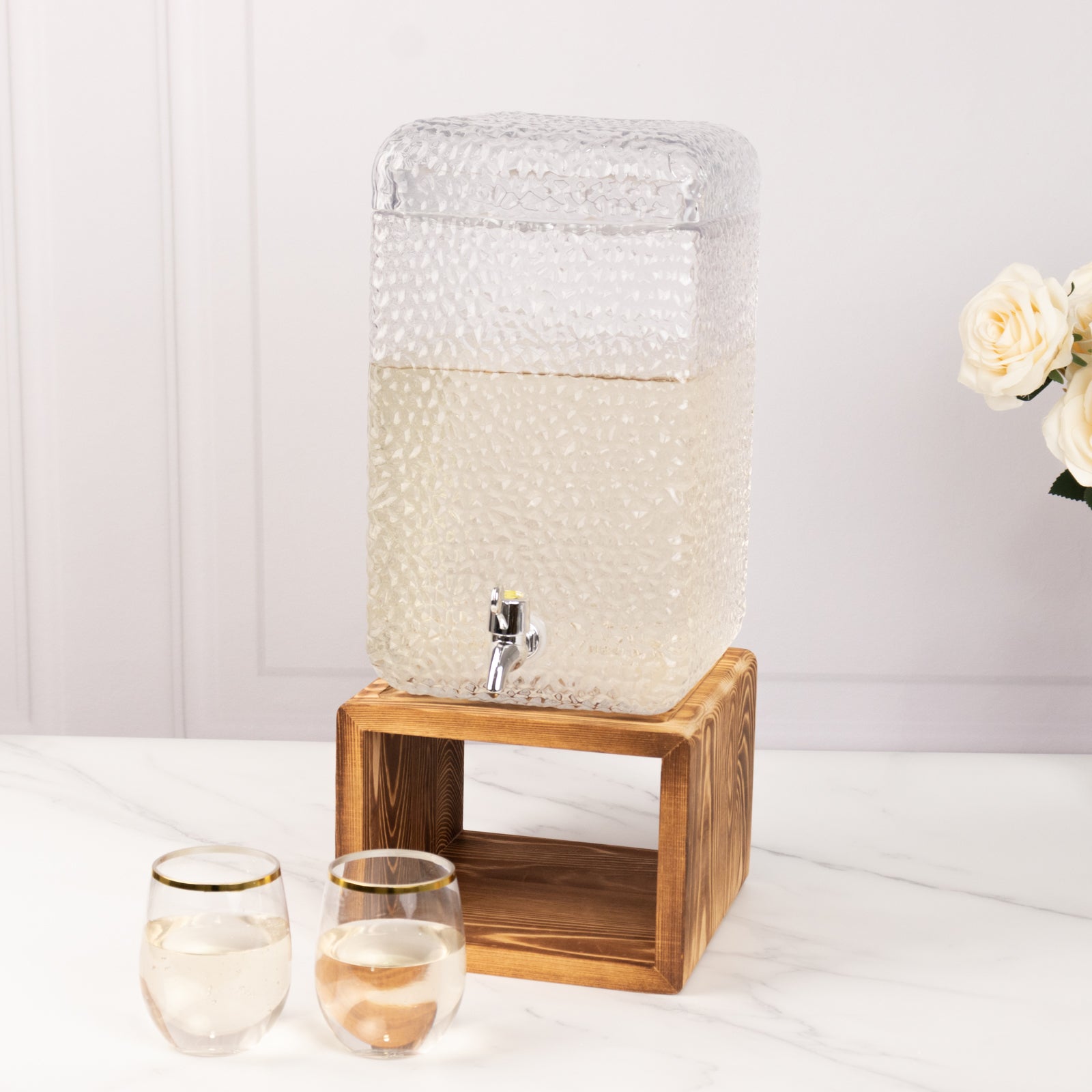 Gallon Clear Hammered Glass Beverage Dispenser, Rectangular Juice Jar with Wooden Stand and Lid - Lead-Free Countertop Feature 19