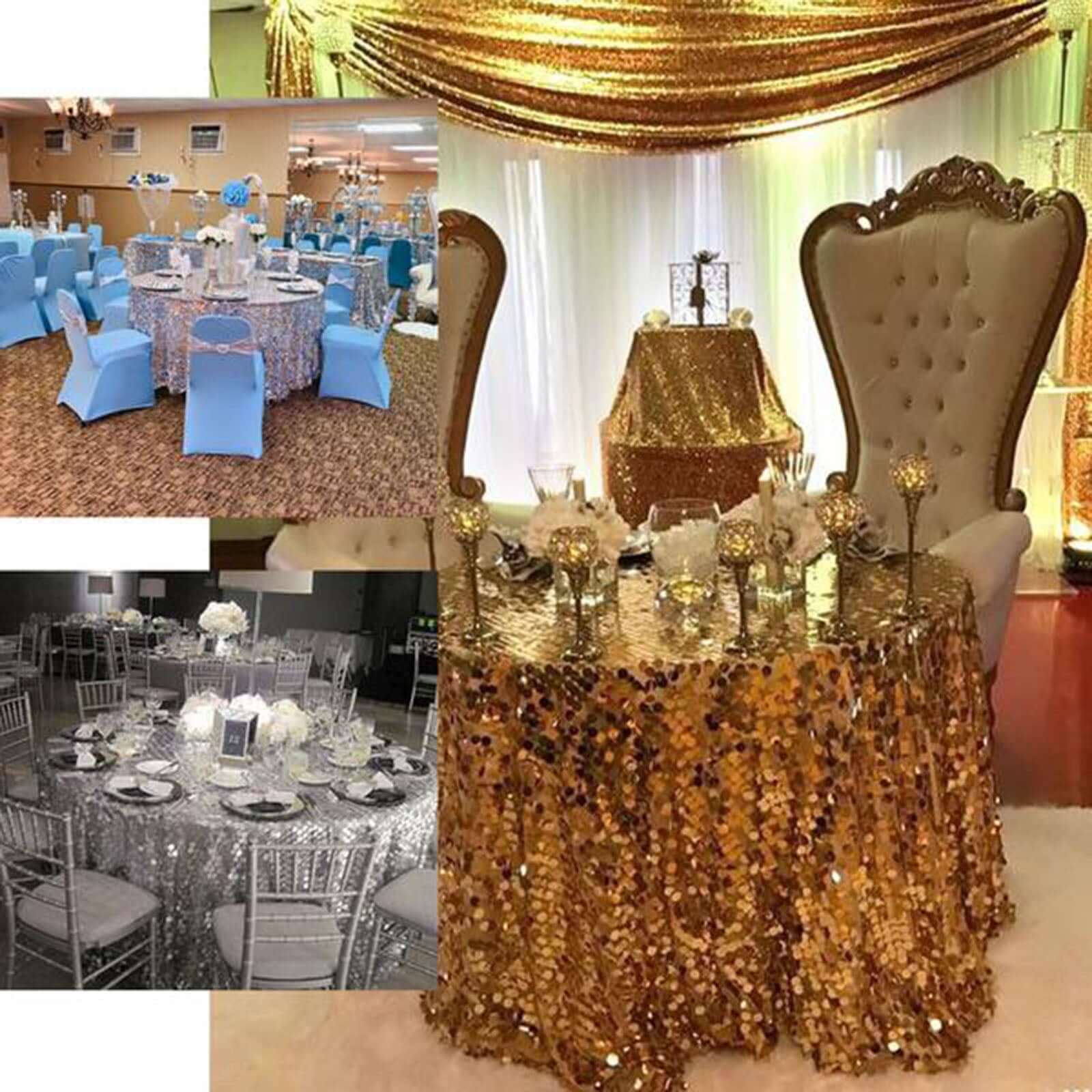 120 Iridescent Seamless Big Payette Sequin Round Tablecloth Collection for 5 Foot Table With Floor-Length Drop