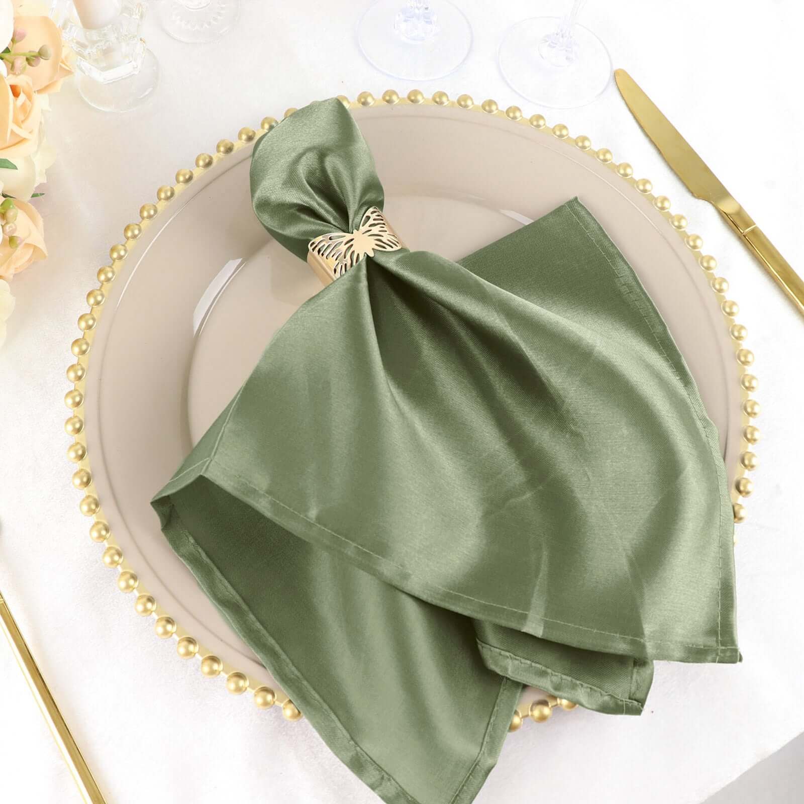 5 Pack Satin 20x20 Napkins Dusty Sage Green - Luxurious Shine & Smooth Dinner Napkins