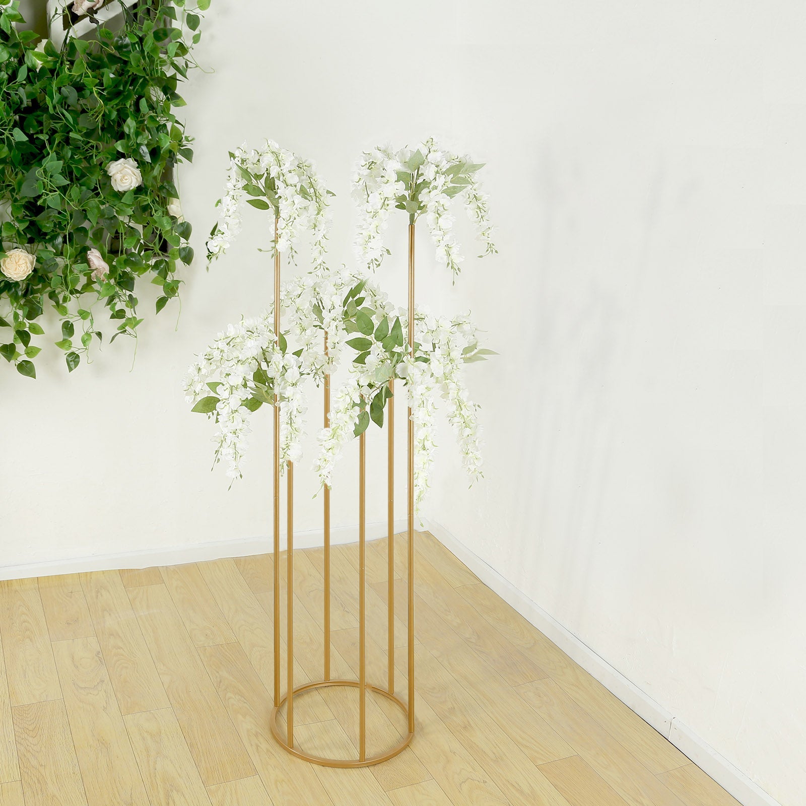 Flower Centerpiece Gold Metal Minimalist 6-Tubes Round Base Design - Single Stem Bud Vase for Arrangements 4ft