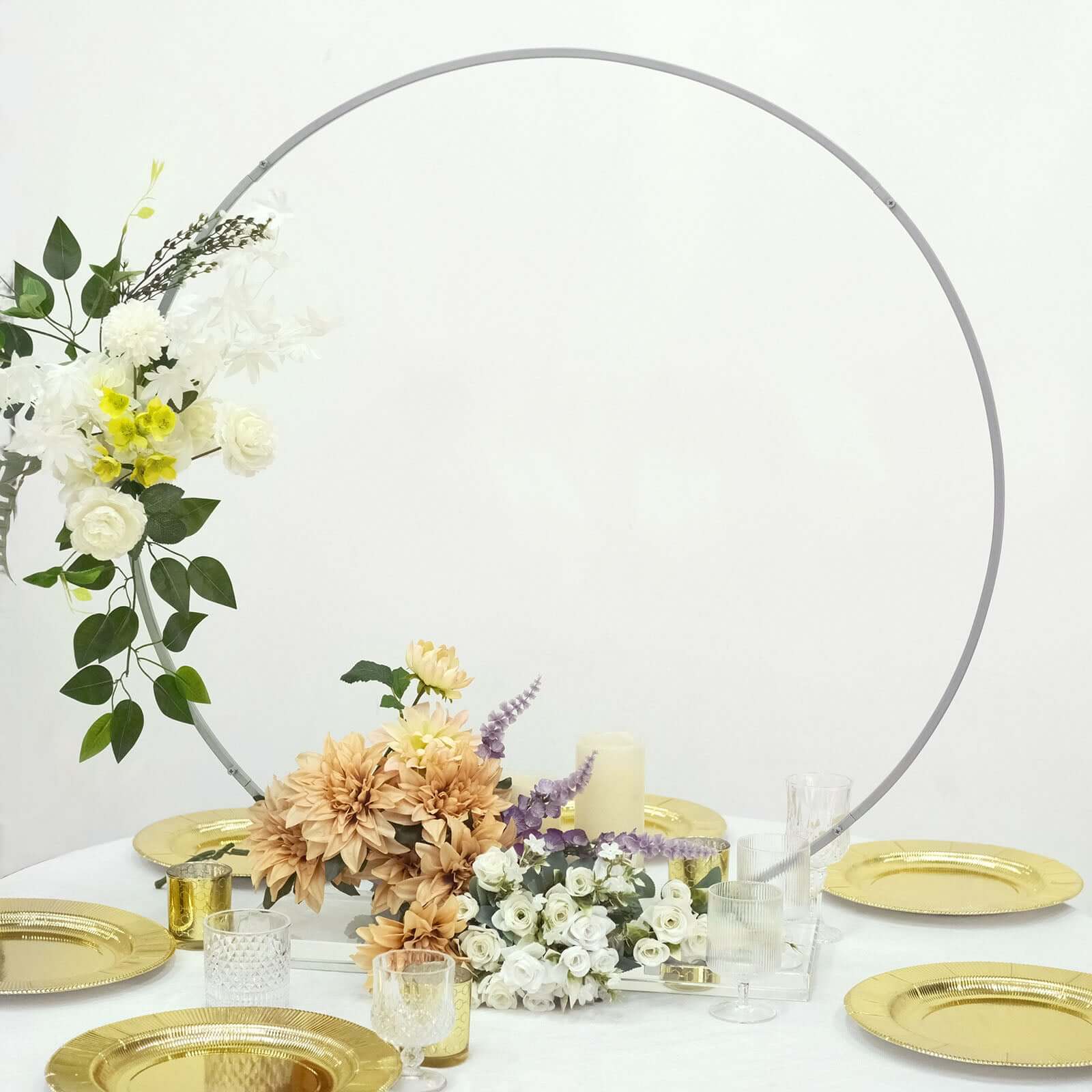 Round Wedding Hoop Table Centerpiece Metal Silver - Self-Standing Floral Wreath Frame for Events 36