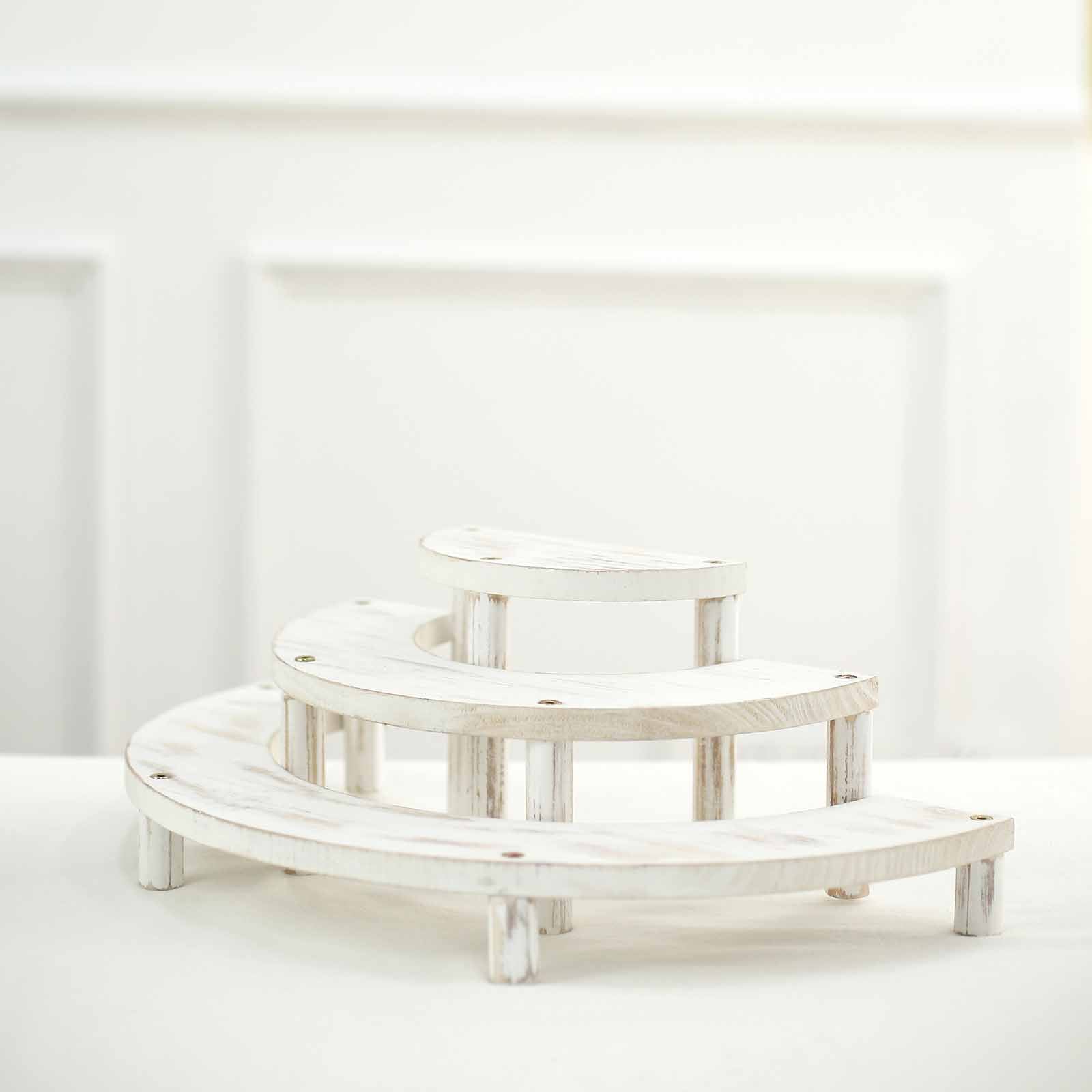 Set of 3 Wooden Dessert Pedestals Rustic Whitewashed 3-Tier Semicircle Design - Half Moon Cupcake Display Risers 7, 13, 18