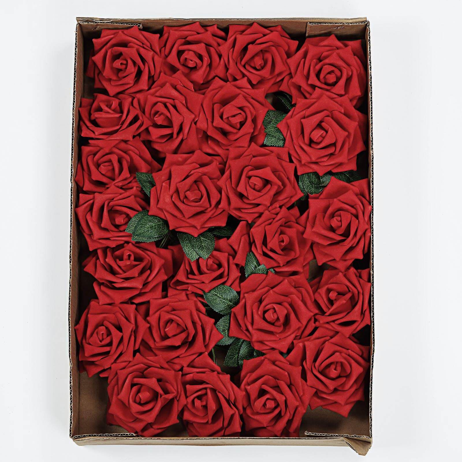 24 Roses 5 Red Artificial Foam Flowers With Stem Wire and Leaves