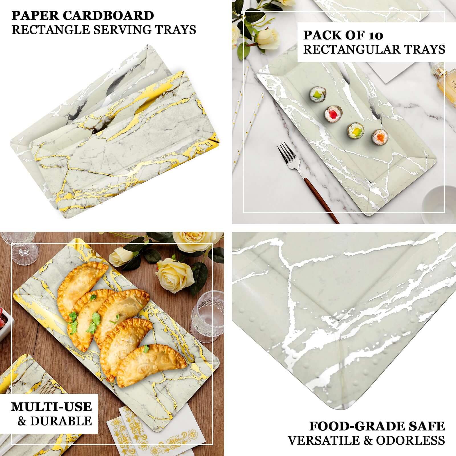 10-Pack Paper 16 Rectangle Serving Trays Black/Gold - Durable 1100GSM Disposable Food Platters with Modern Marble Design for Dessert Tables & Food Stations