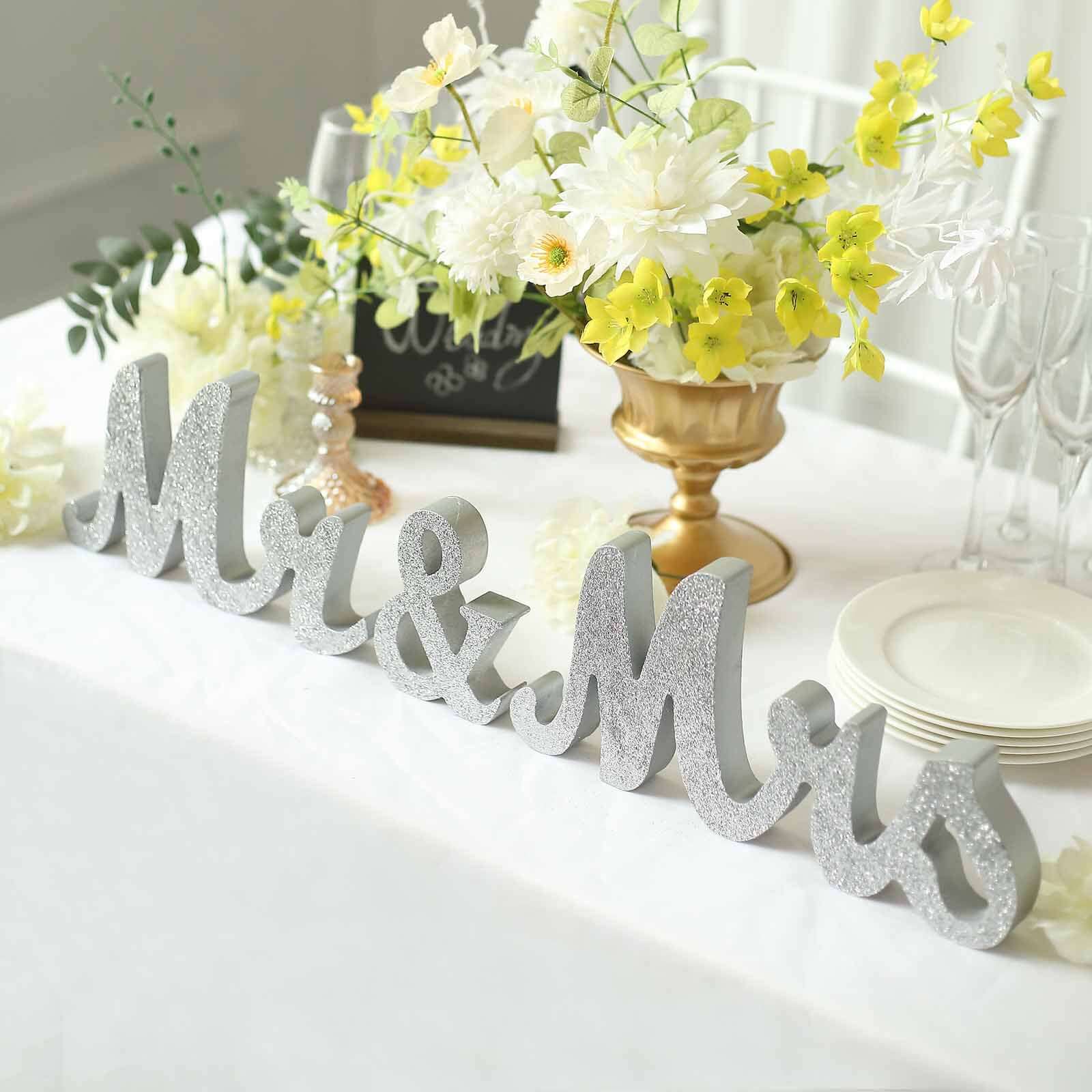 Wooden Mr & Mrs Freestanding Letters Silver Glittered - Rustic Glam Wedding Table Display Signs