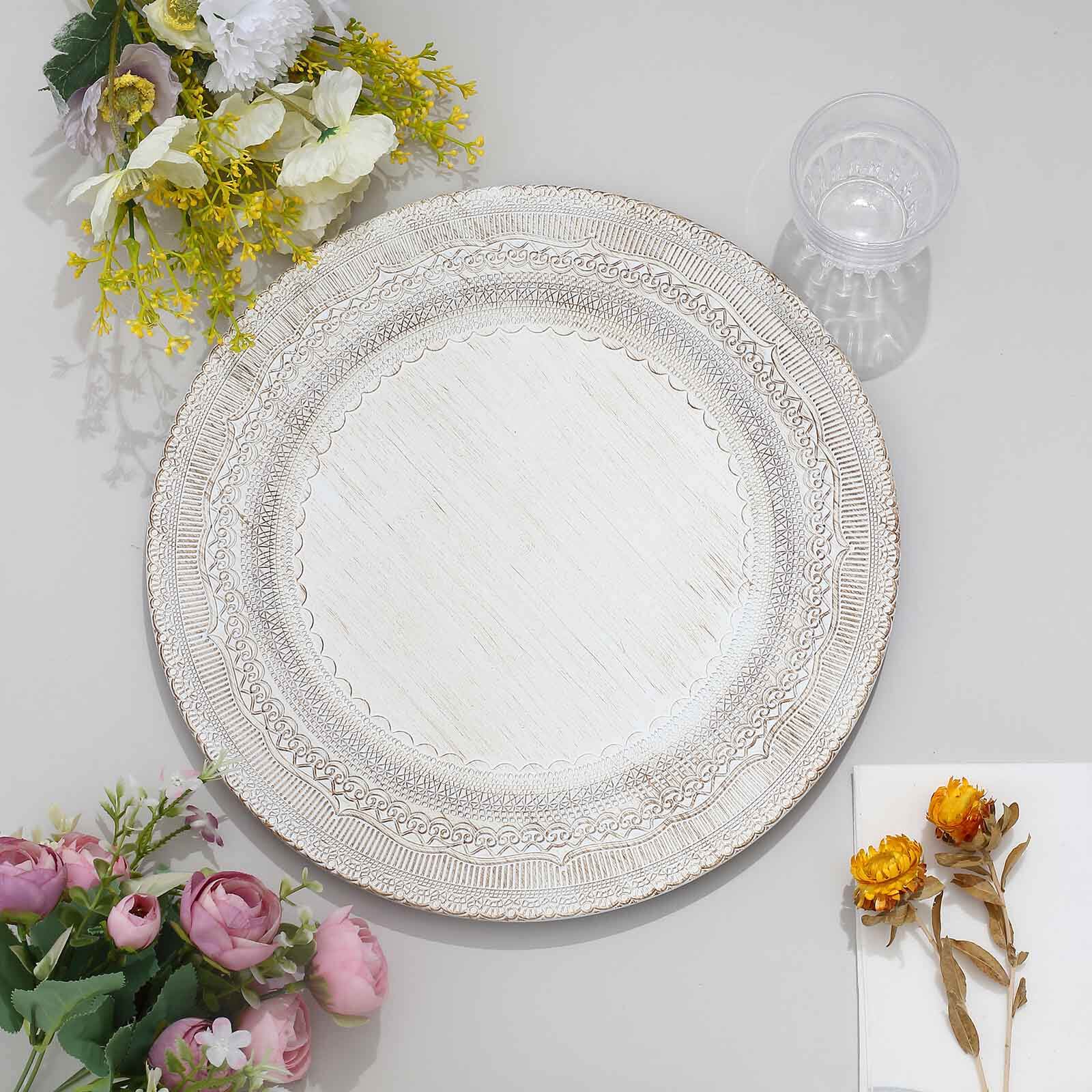 6-Pack Acrylic Round Charger Plates 13 in White with Lace Embossed Rim, Rustic Plastic Decorative Charger Tableware