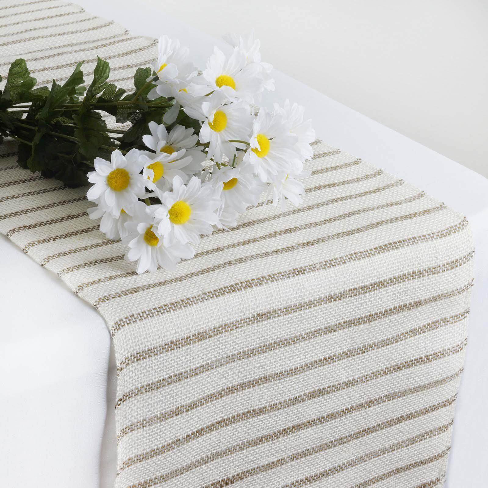 14x108 White Natural Striped Rustic Jute Burlap Table Runner