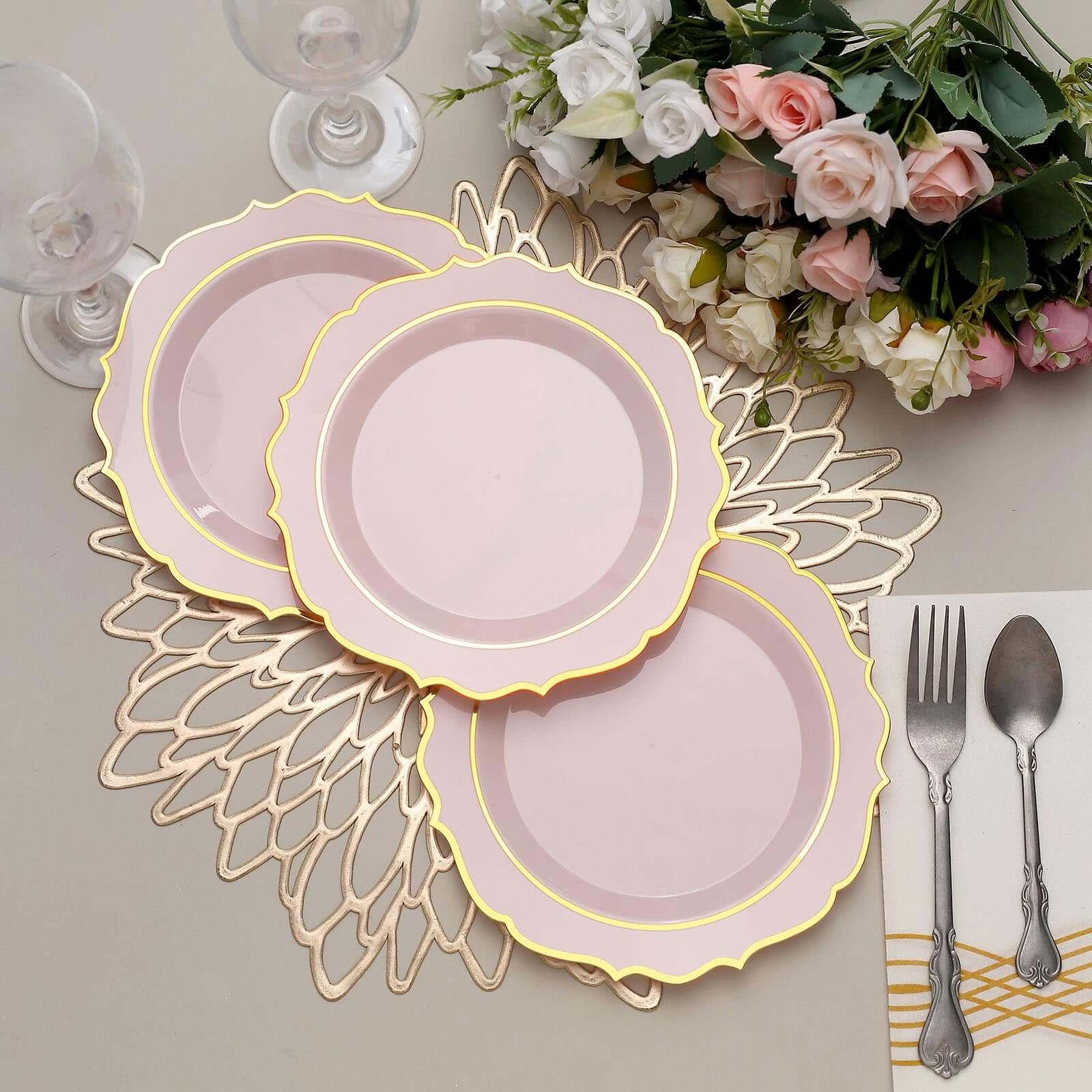 10-Pack Plastic 8 Round Desert Plates in Blush with Gold Scalloped Rim - Disposable Appetizer/Salad Plates