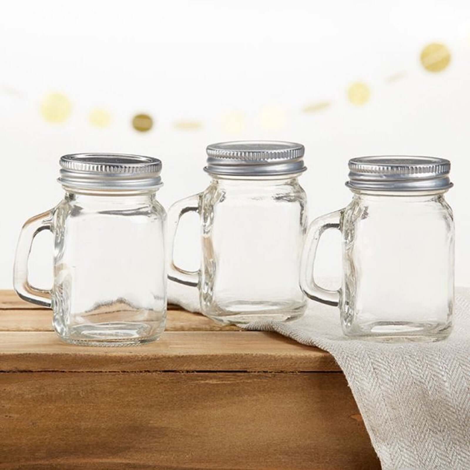 12-Pack Glass Mason Jars Rustic Design Clear with Handles and Silver Screw-On Lids - Trendy Containers for Drinks & Events 4oz