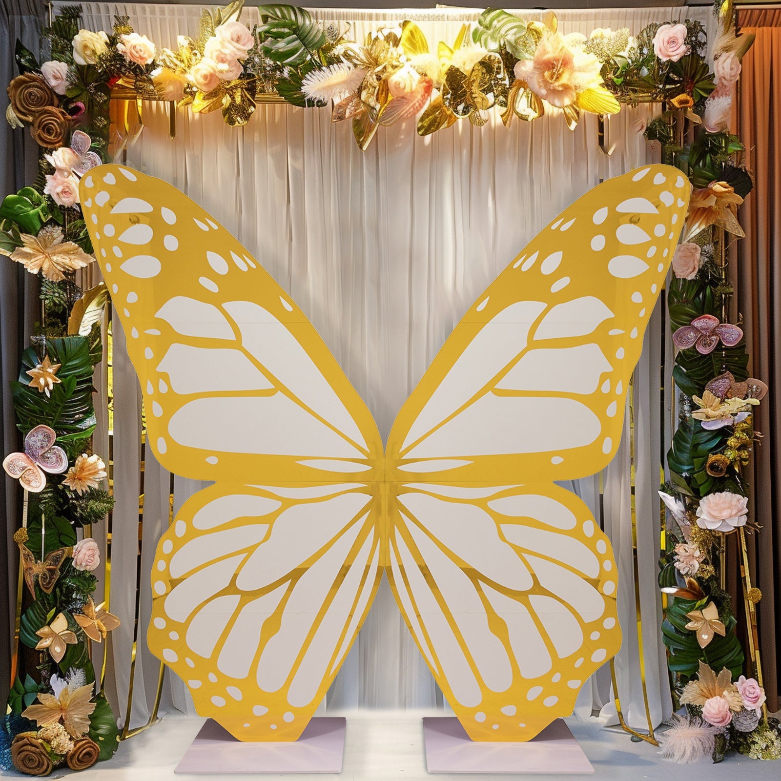 6.5ft White Gold Giant Butterfly Backdrop Party Prop, Free Standing Foamboard Monarch Butterfly Wings Photo Background