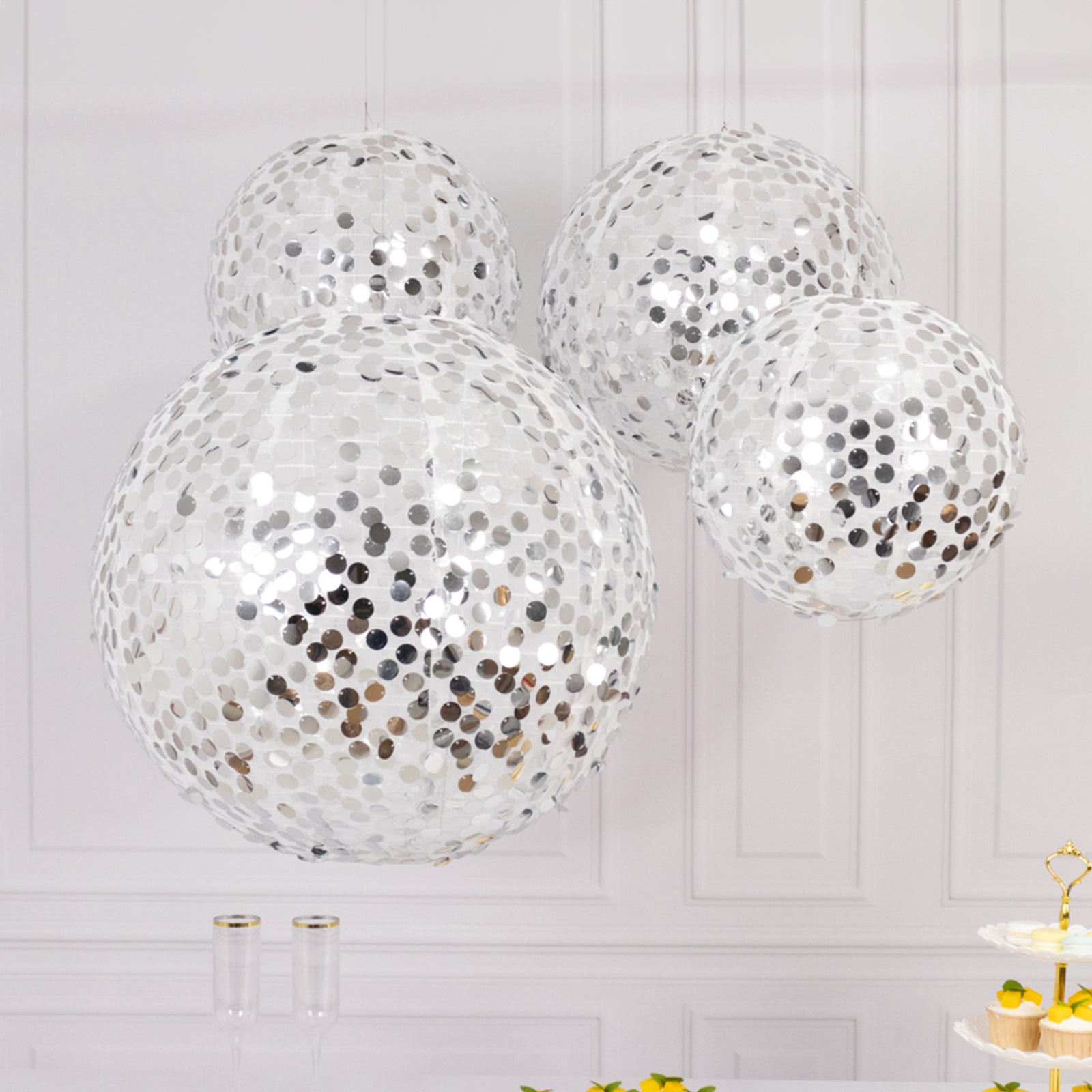 Set of 4 Glitter Silver Payette Sequin Hanging Lanterns, Large Decorative Round Foldable Fabric Chinese Lantern Lampshades - 12,14,16,20