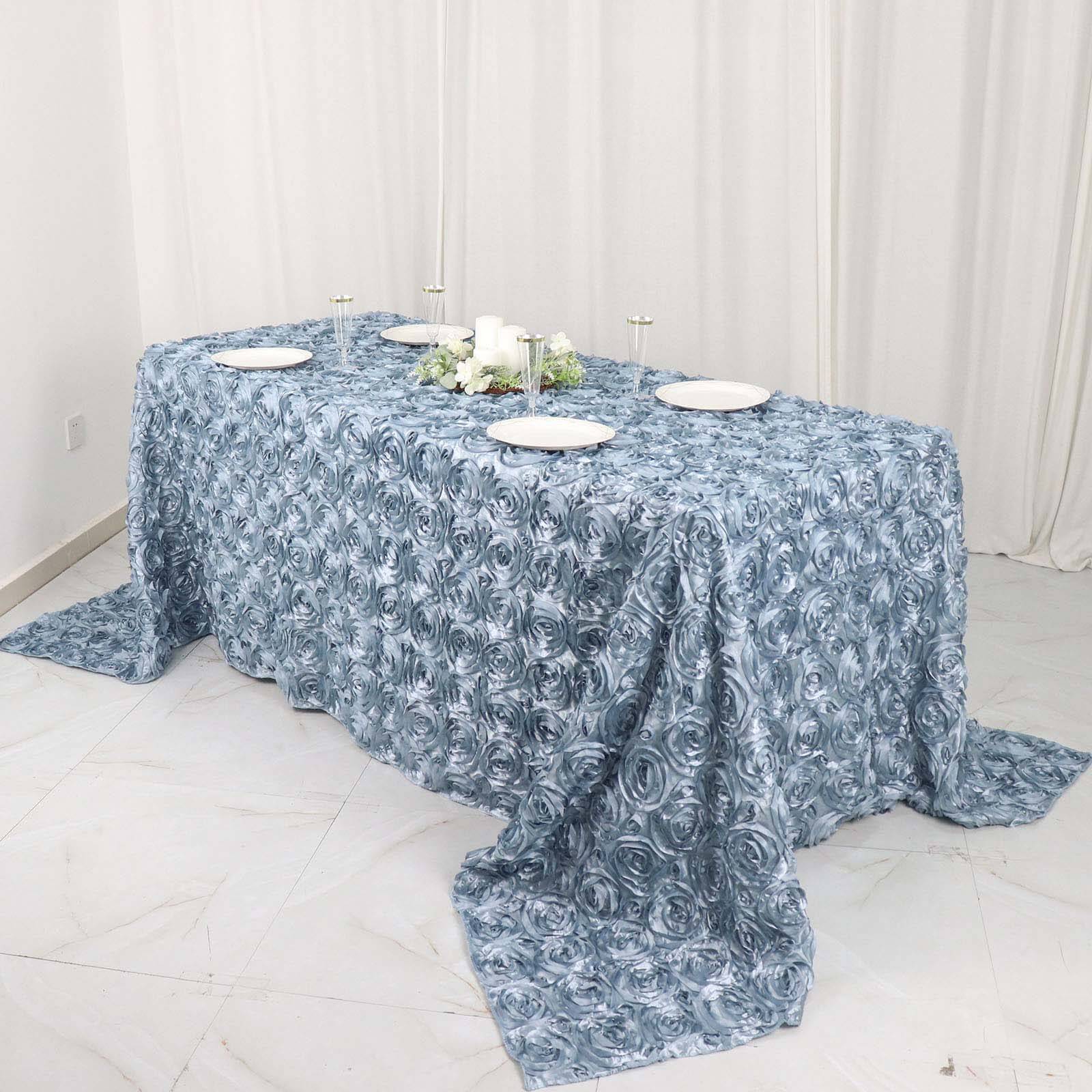 Satin 90x132 Rectangle Tablecloth Dusty Blue - Grandiose 3D Rosette Seamless Table Cover