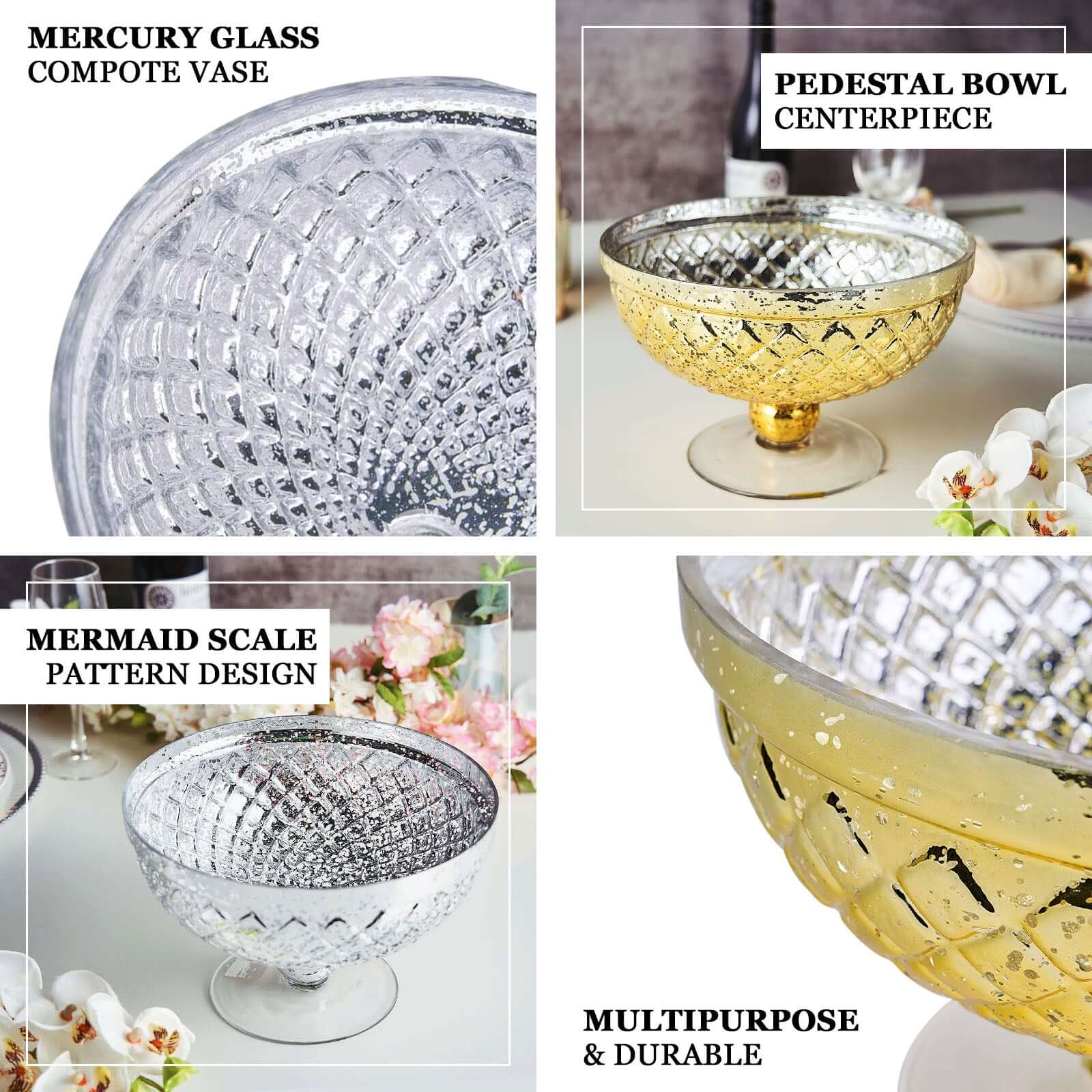 Mercury Glass Pedestal Bowl Vase Compote Style Gold - Sophisticated Floral Table Decor for Events 8