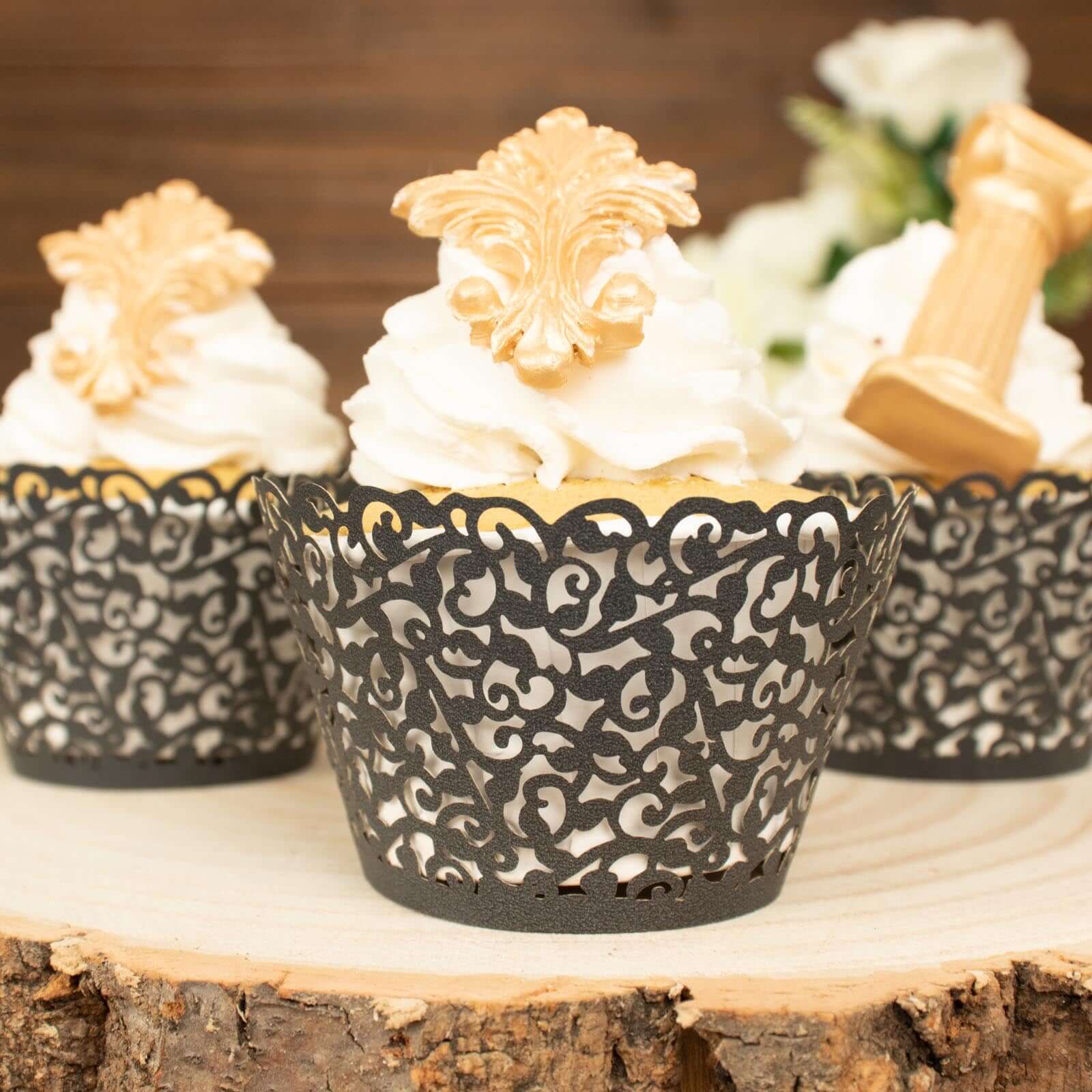 25-Pack Paper Cupcake Wrappers Lace Laser Cut Design Black - Muffin Baking Cup Trays for Events