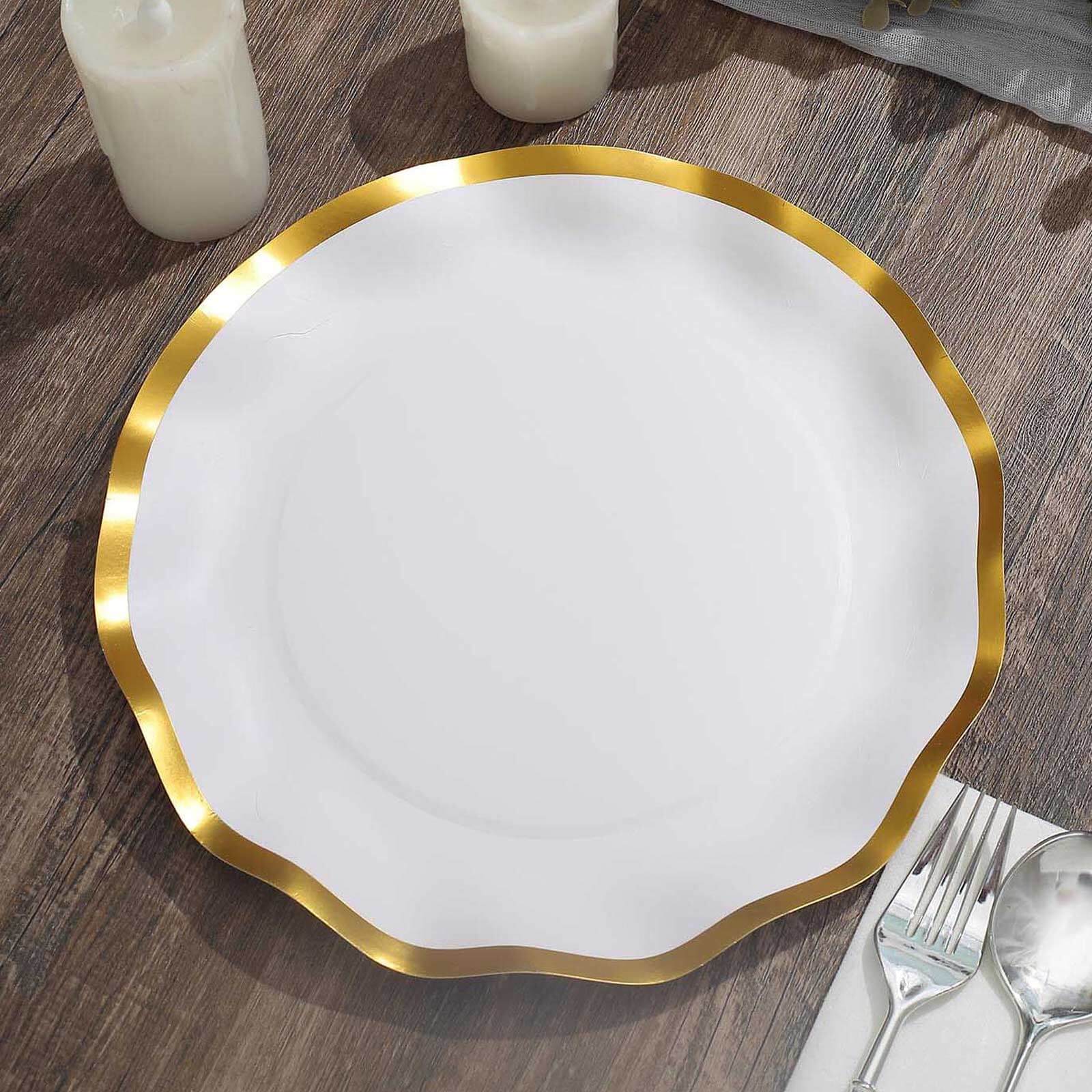 25-Pack Paper Round Dinner Plates 10 Matte White with Gold Wavy Rim - Disposable 350GSM Party Plates for Banquets & Upscale Gatherings