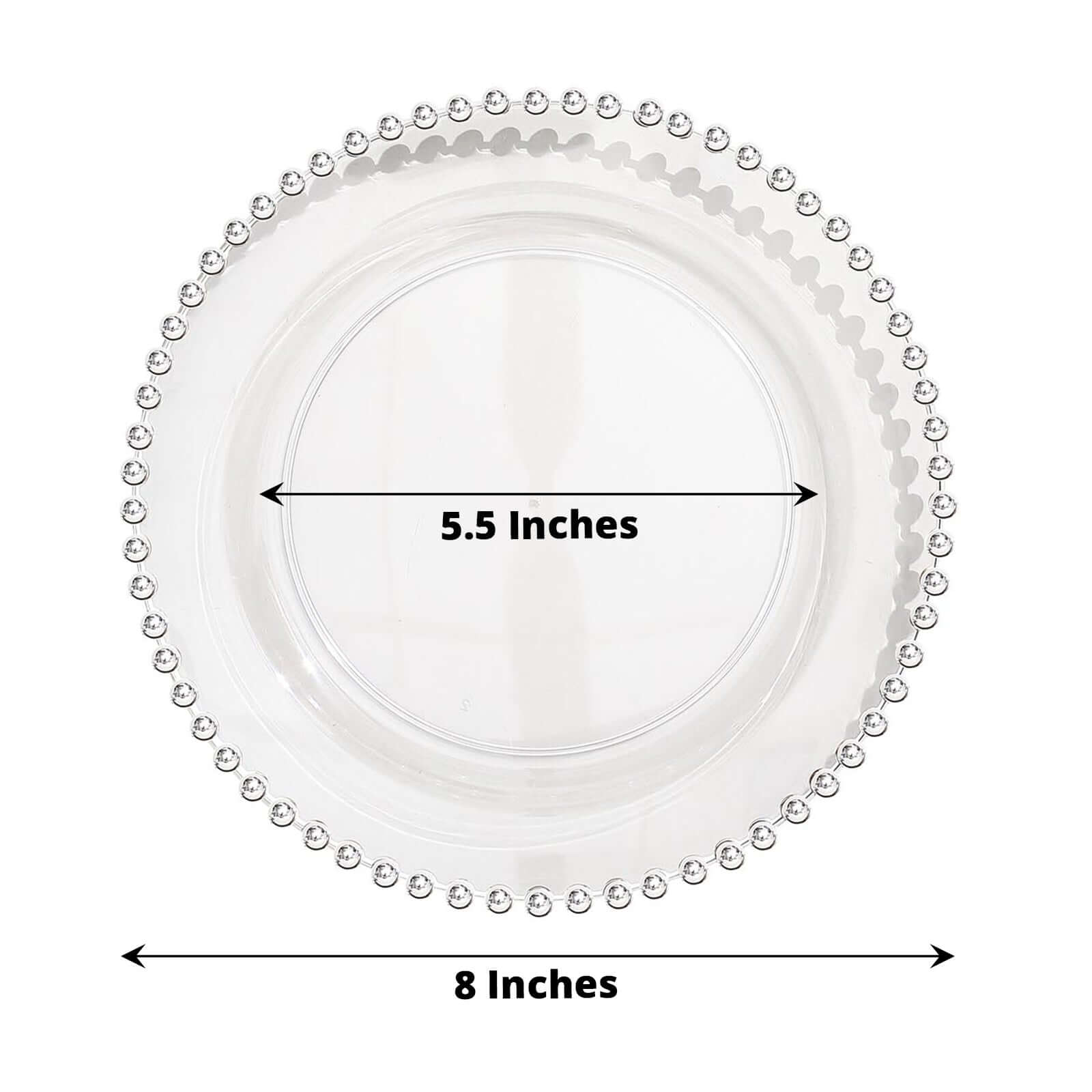 10-Pack Plastic 8 Round Appetizer Dessert Plates in Clear with Silver Beaded Rim - Disposable Salad Plates